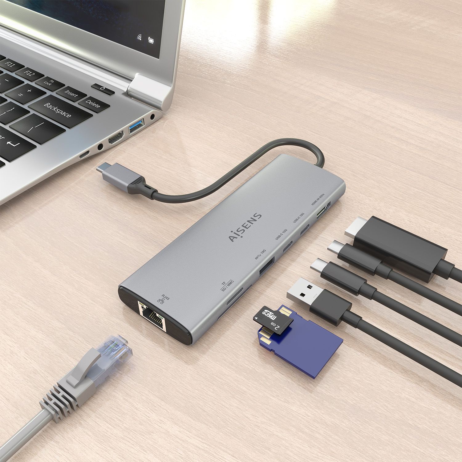 ASUC-7P032-GR - Docking Station Aisens 7en1 Usb-C a 1xHDMI, 1xRJ45, 1xUsb-A 10G, 2xUsb-C 10G, 1xSD, 1xMicro SD, Gris. (ASUC-7P032-GR)