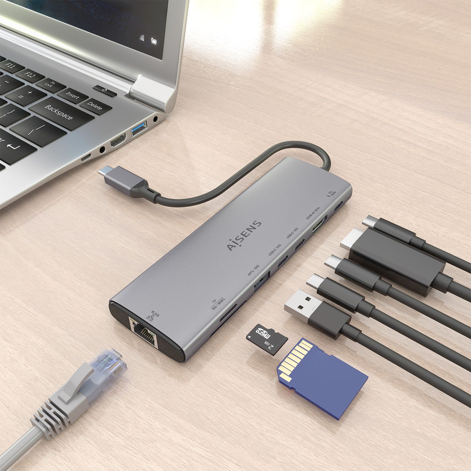 ASUC-8P033-GR - Docking Station Aisens 8en1 Usb-C a 1xHDMI, 1xRJ45, 1xUSB-A 10G, 2xUSB-C 10G, 1xSD, 1xMicro SD, 1xUSB-C PD 100W, Gris.(ASUC-8P033-GR)