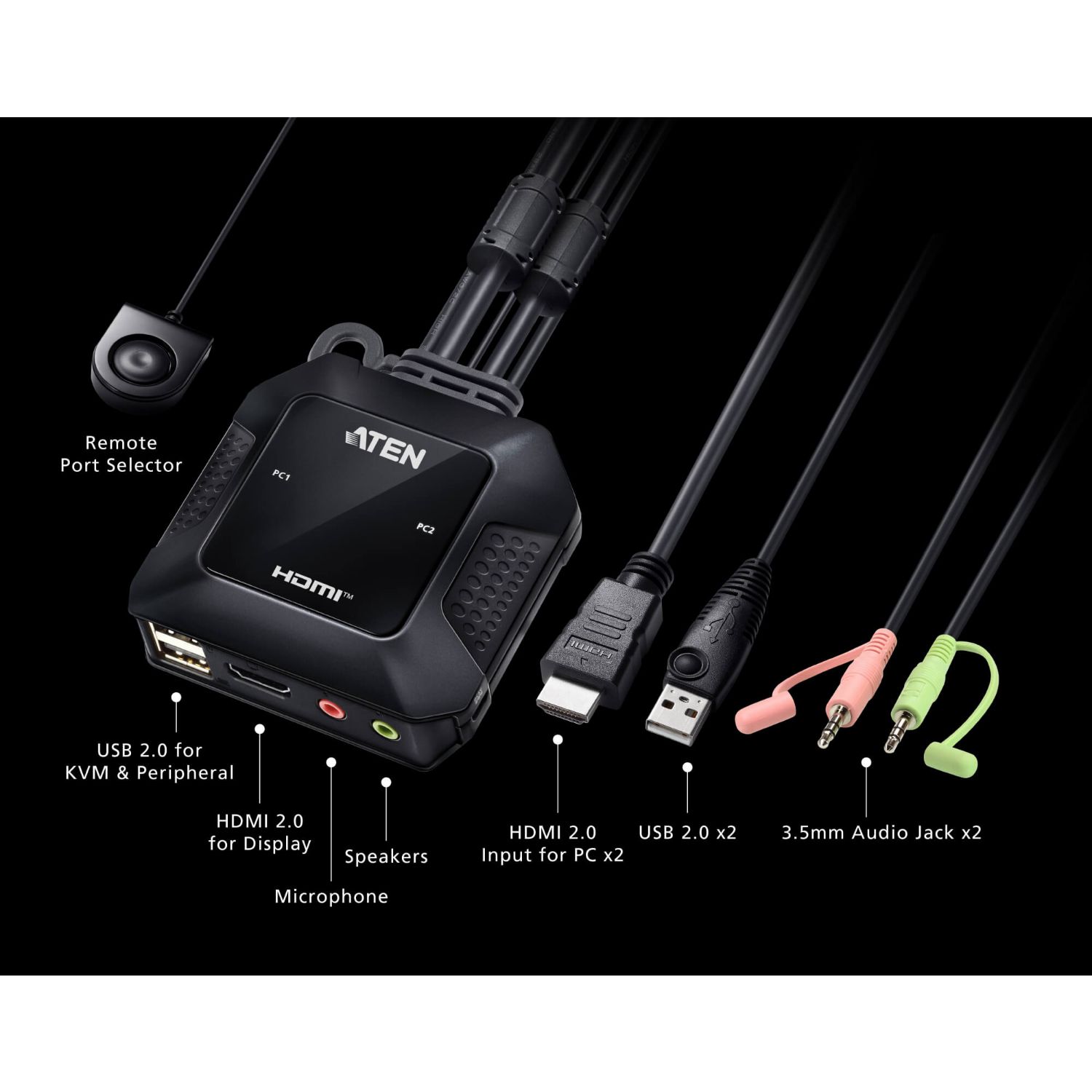 CS22H-AT - Switch KVM Aten 2p/HDMI 4K/Usb/Audio/ Cables Integrados. Opcion de elegir puerto remoto. (CS22H-AT)