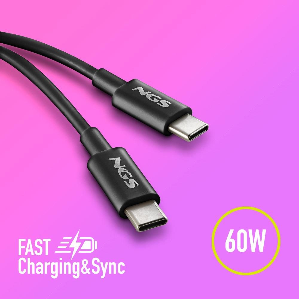 ZYRO60W-1BLACK - Cable NGS Usb-C a Usb-C 1m carga rpida de dispositivos de hasta 60W, Negro (ZYRO60W-1BLACK)