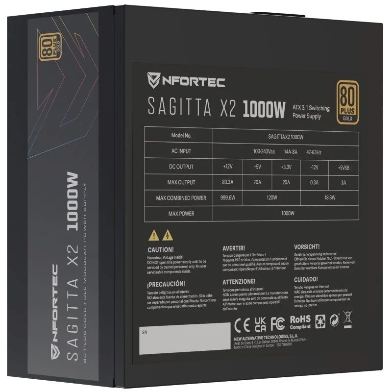 NF-PSU-SAGITTAX2-FM-1000W - Fuente Nfortec Sagitta X2 ATX 1000W 20+4 pin ATX 4xMolex 80 Plus Gold Negra (NF-PSU-SAGITTAX2-FM-1000W)