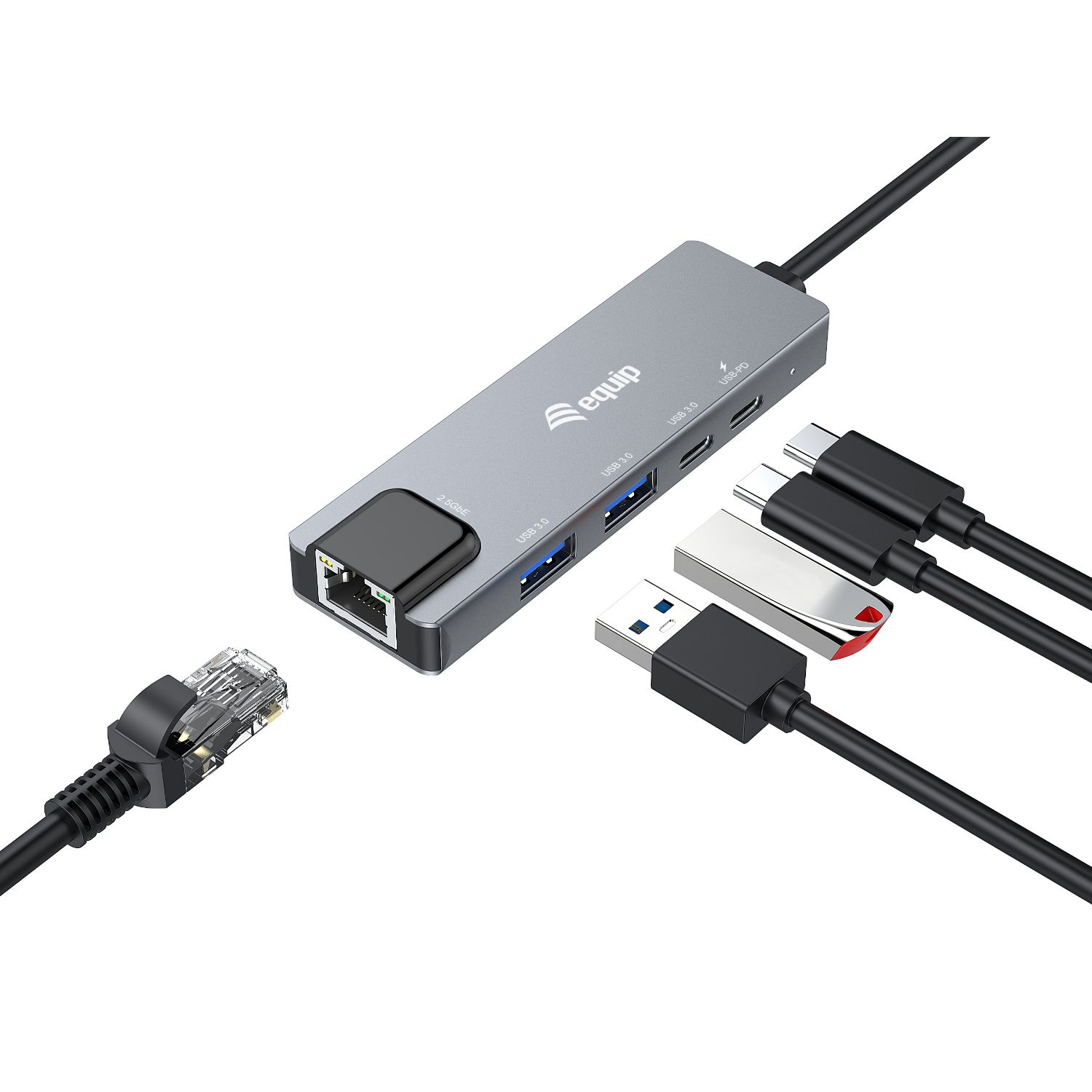 133496 - Adaptador EQUIP USB-C 3.0 a 2xUSB-A 3.0/2xUSB-C 3.0 PD 3.0 100W/1xRJ45 Ethernet 2.5 GbE 0.25m Gris (EQ133496)