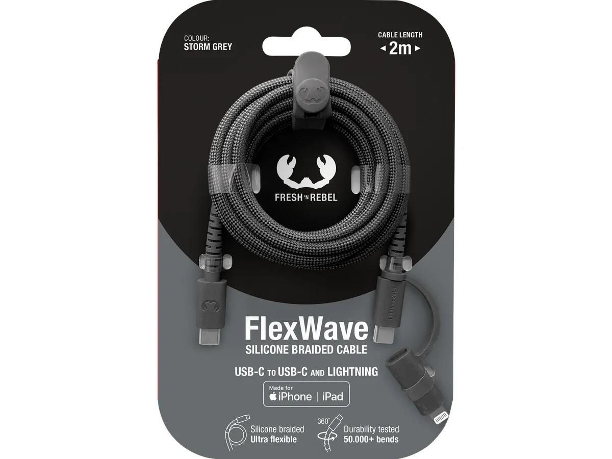 2CCL201SG - Cable Fresh N Rebel FlexWave Combo 2en1 USB-C a USB-C/Lightning 2m Gris Silicona Ultraflexible Dise�o Trenzado Duradero (2CCL201SG)