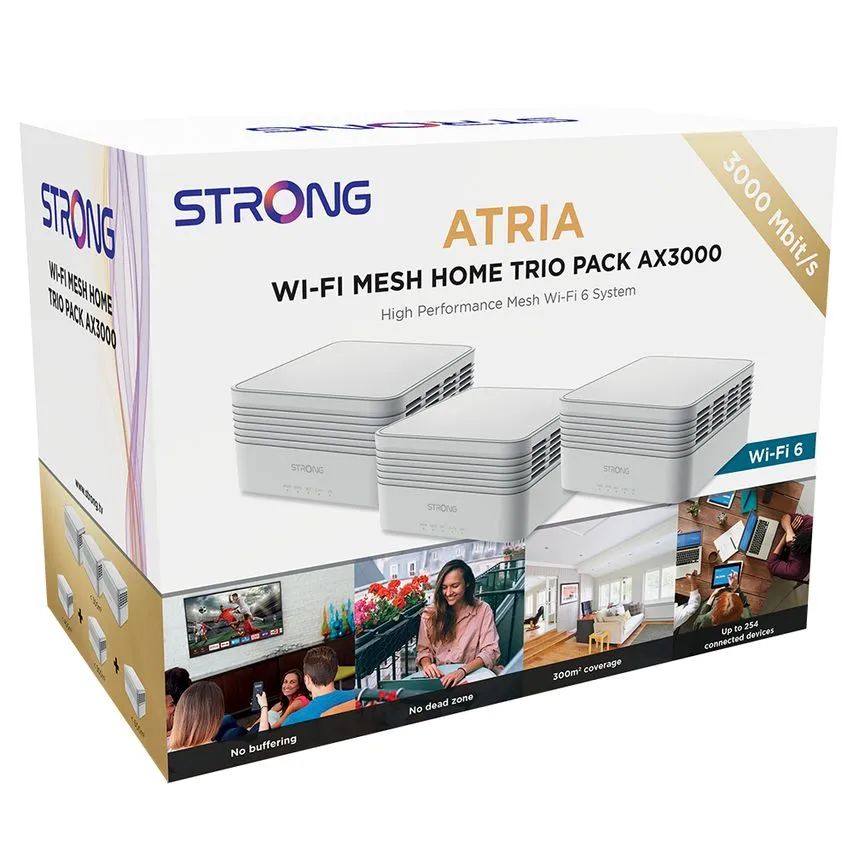 MESHTRIAX3000 - Sistema Mesh Strong Tr�o extensor Atria AX3000,3 3unidades, Wifi6, 574Mbps a 2,4GHz + 2402Mbps a 5GHz. Velocidad de hasta 3000 Mbit/s. (MESHTRIAX3000)