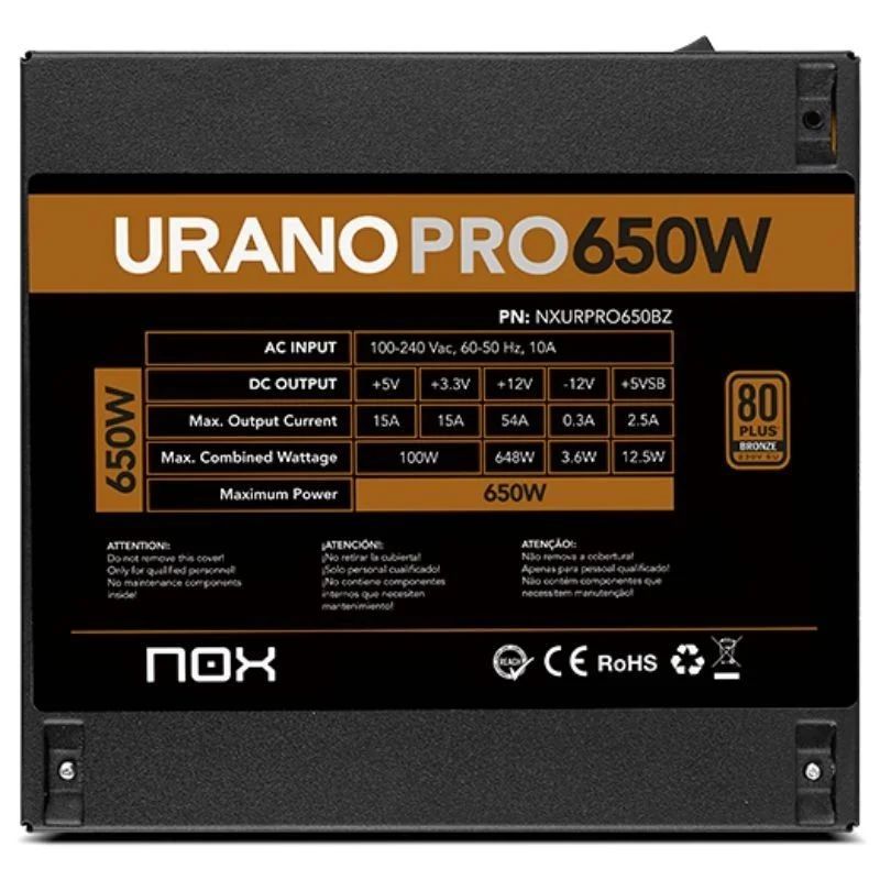 NXURPRO650BZ - Fuente NOX Urano PRO ATX 650W 12cm 80 Plus Bronze Negra (NXURPRO650BZ)