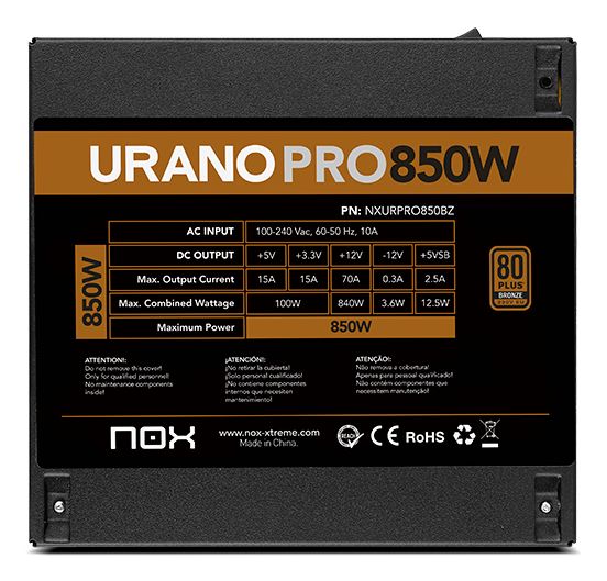 NXURPRO850BZ - Fuente NOX Urano PRO ATX 850W 12cm 80 Plus Bronze Negra (NXURPRO850BZ)