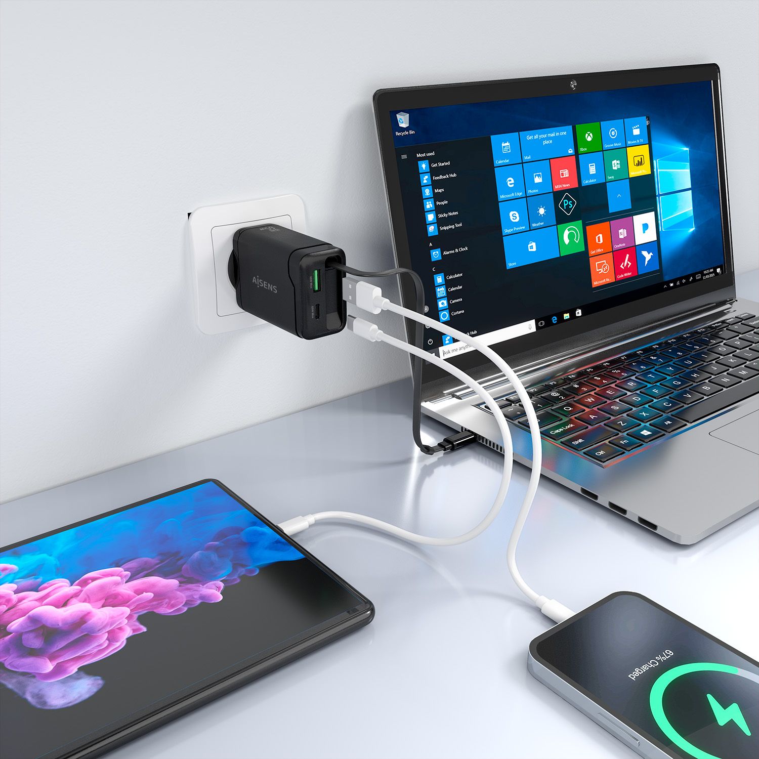 ASCH-65W3P071-BK - Cargador de Pared Aisens GaN 1Usb-A, 1Usb-C PD3.0, 65W Cable Retr�ctil Usb-C, Negro. (ASCH-65W3P071-BK)