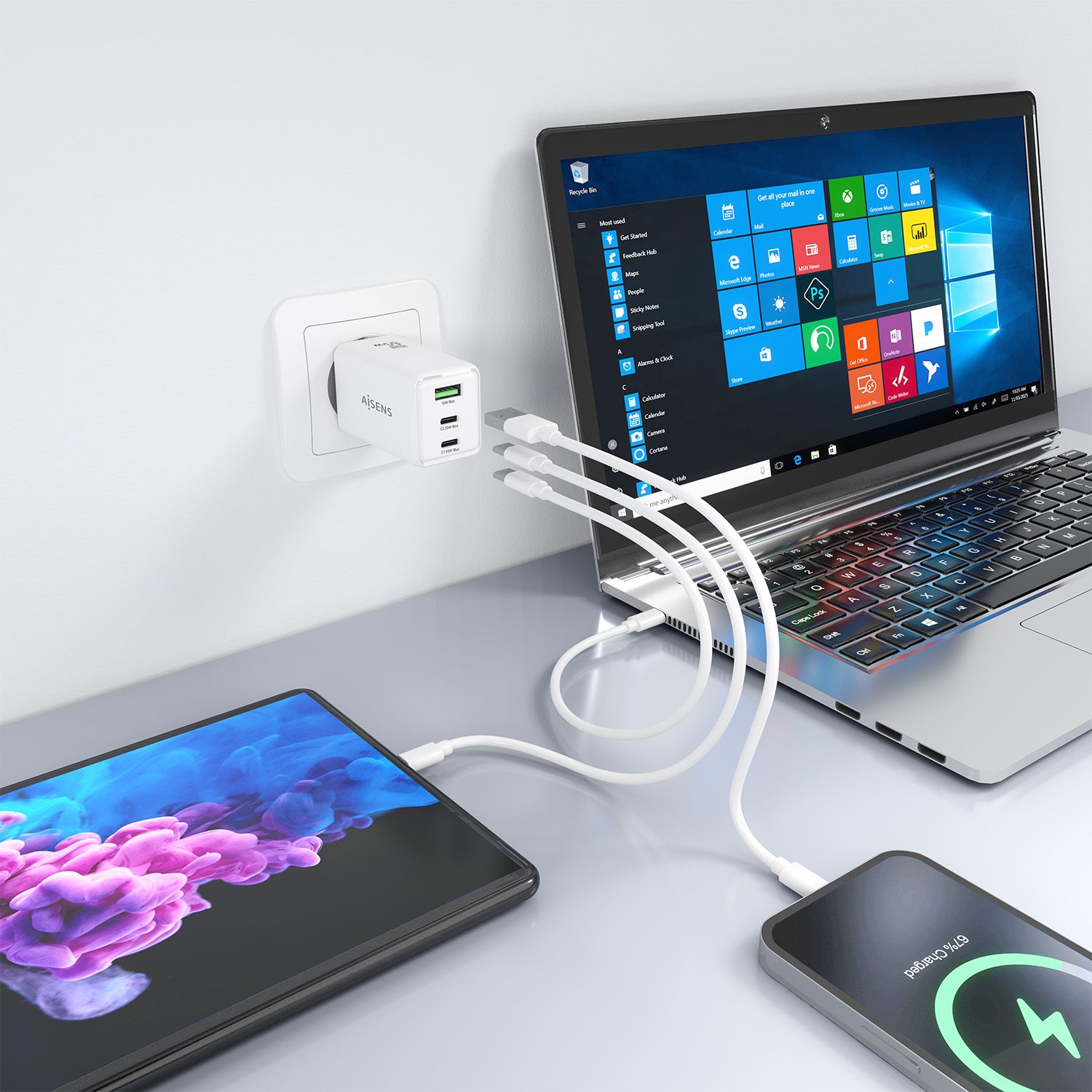 ASCH-65W3P072-W - Cargador de Pared Aisens GaN 2Usb-C 1Usb-A 65W Blanco (ASCH-65W3P072-W)