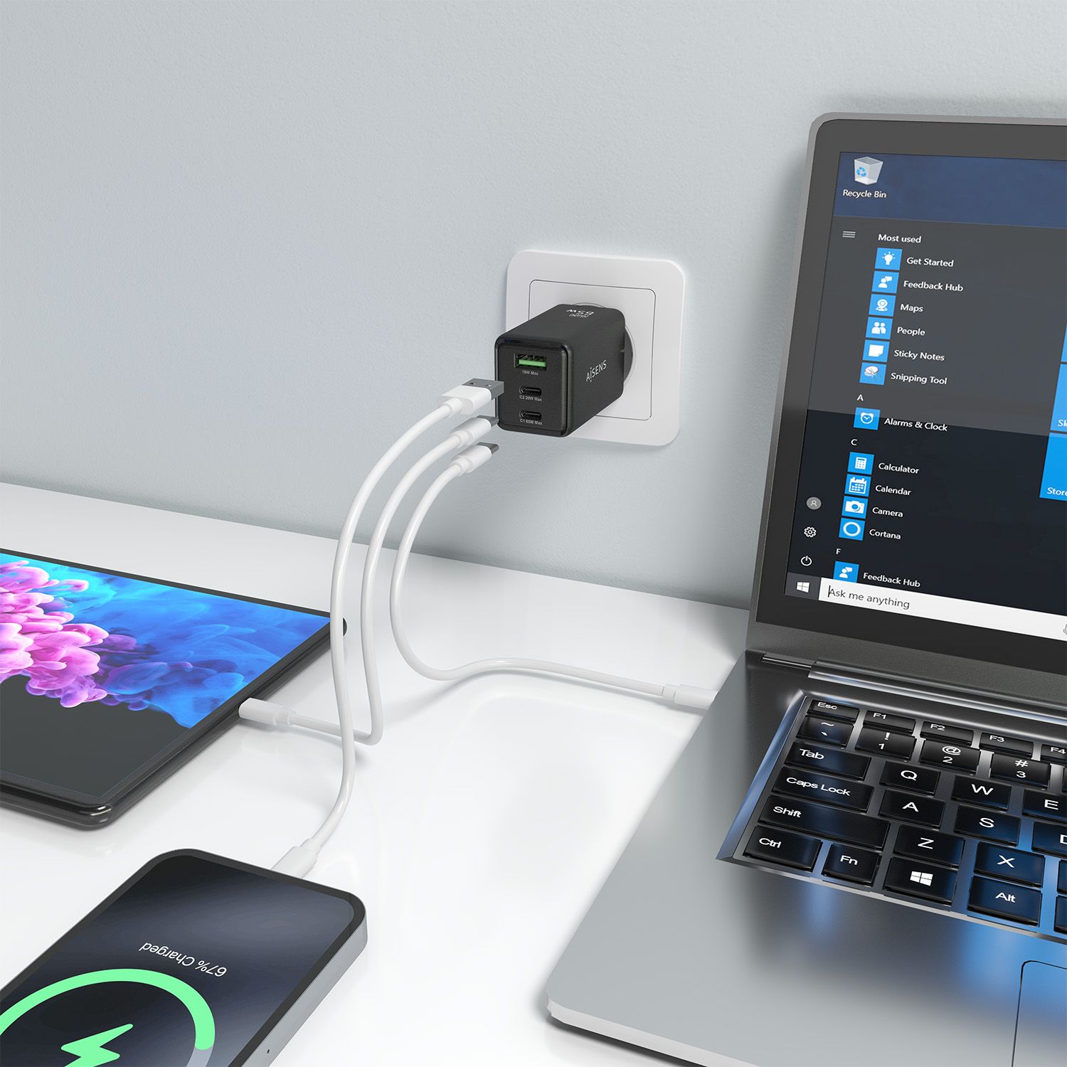 ASCH-65W3P073-BK - Cargador de Pared Aisens GaN 2Usb-C Usb-C 65W Negro (ASCH-65W3P073-BK)