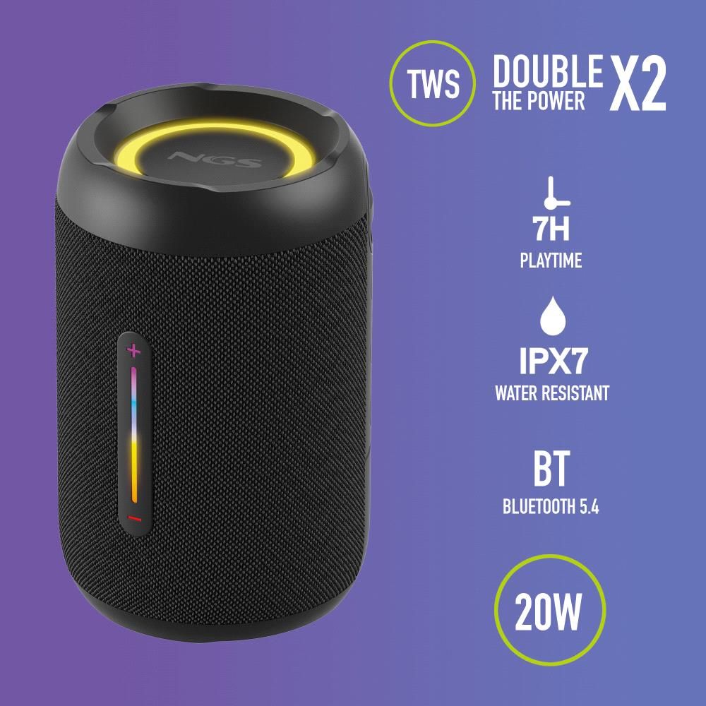 ROLLERFURIA2TINYBLACK - Altavoz NGS port�til 20W Bluetooth5.4 TWS RGB, bater�a 7h. Salida aux y usb, Negro. (ROLLERFURIA2TINYBLACK)