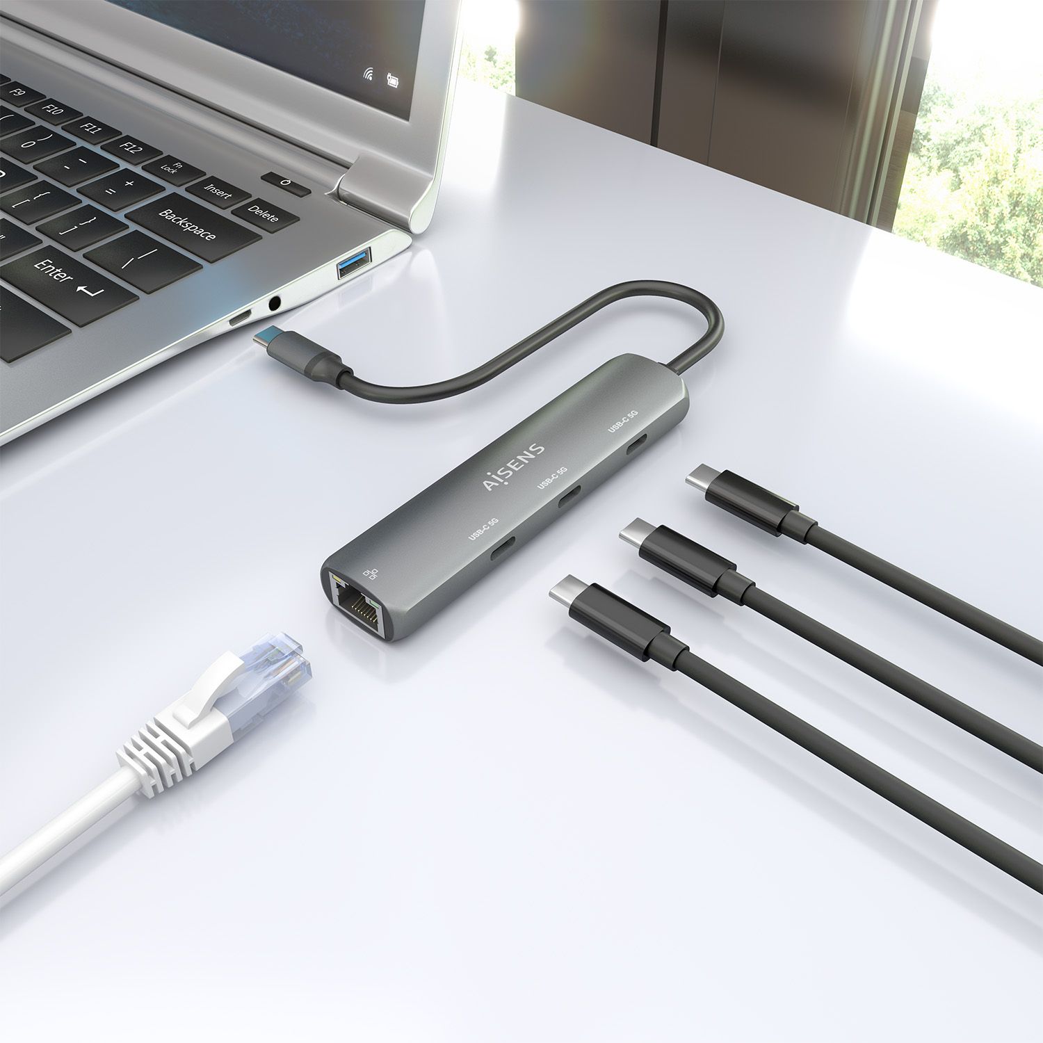 ASUC-4P041-GR - Docking Station AISENS USB-C a 3xUSB-C/1xRJ45 Ethernet GbE 15cm Gris (ASUC-4P041-GR)