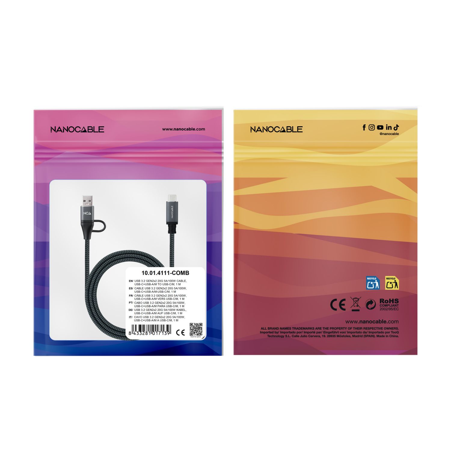 10.01.4111-L150-COMB - Nanocable USB-C/M a USB-A+USB-C/M 20Gbps 5A/100W 1.5mm Gris/Negro (10.01.4111-L150-COMB)