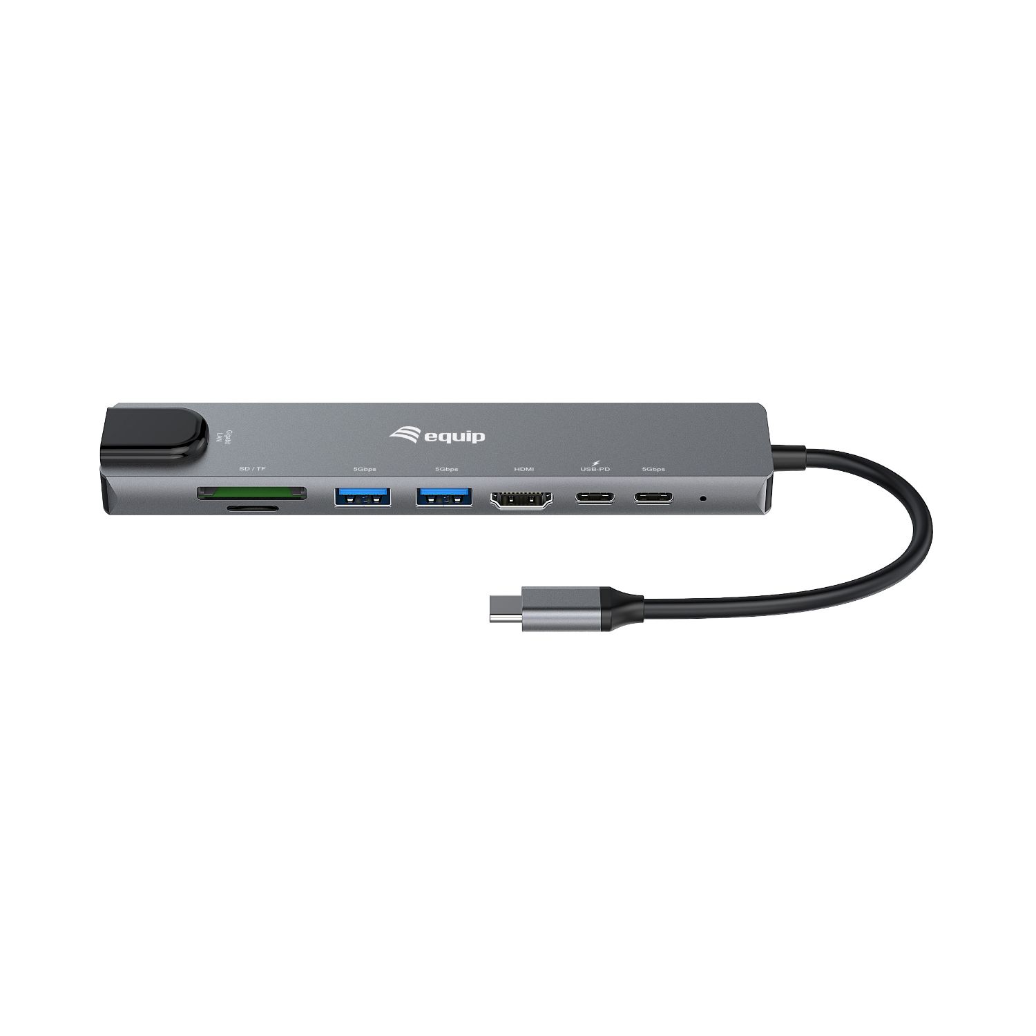EQ133497 - Docking Station EQUIP 8 en 1 USB-C a 2xUSB-A/1xUSB-C PD 100W/1xHDMI 4K/30Hz/1xRJ45 /Lector mSD/TF 25cm Negro/Gris (EQ133497)