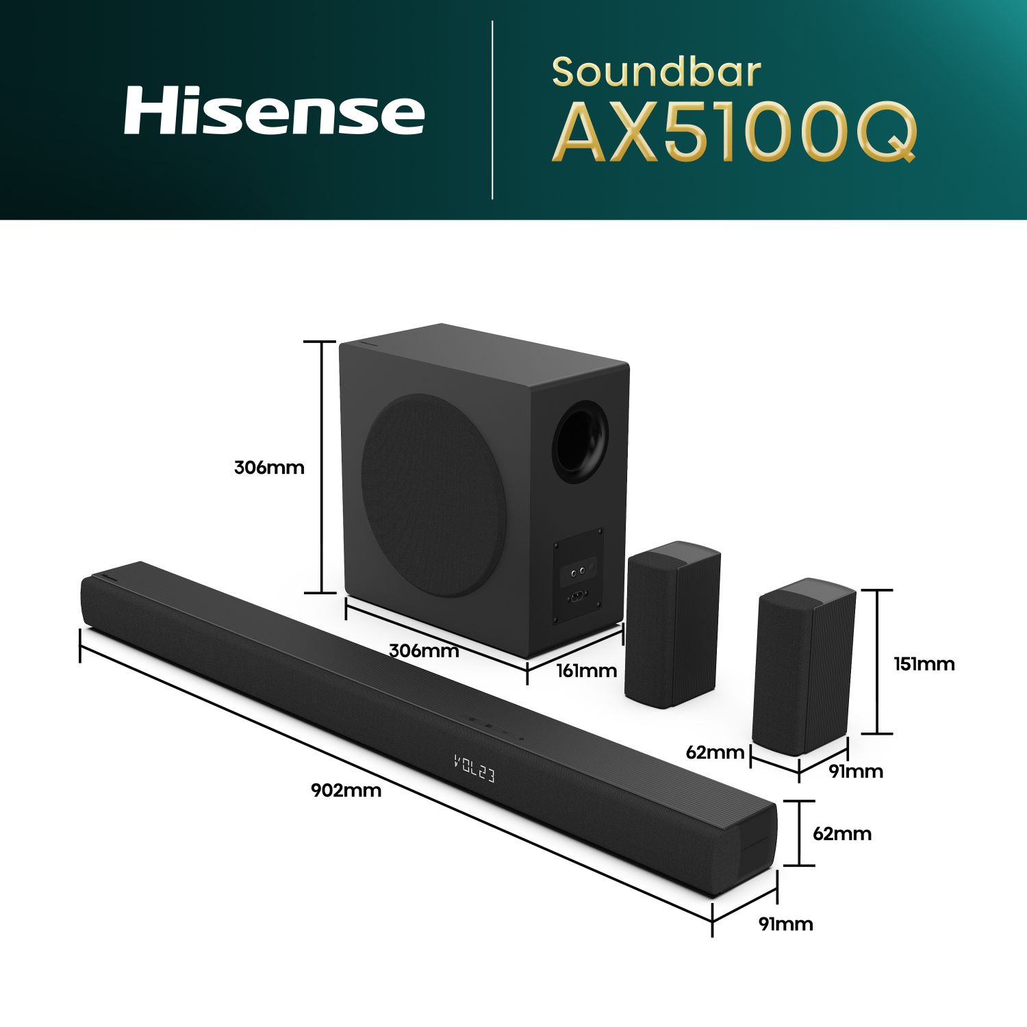 AX5100Q - Barra de Sonido Hisense 5.1 580W Subwoofer Bluetooth 5.3 Negra (AX5100Q)