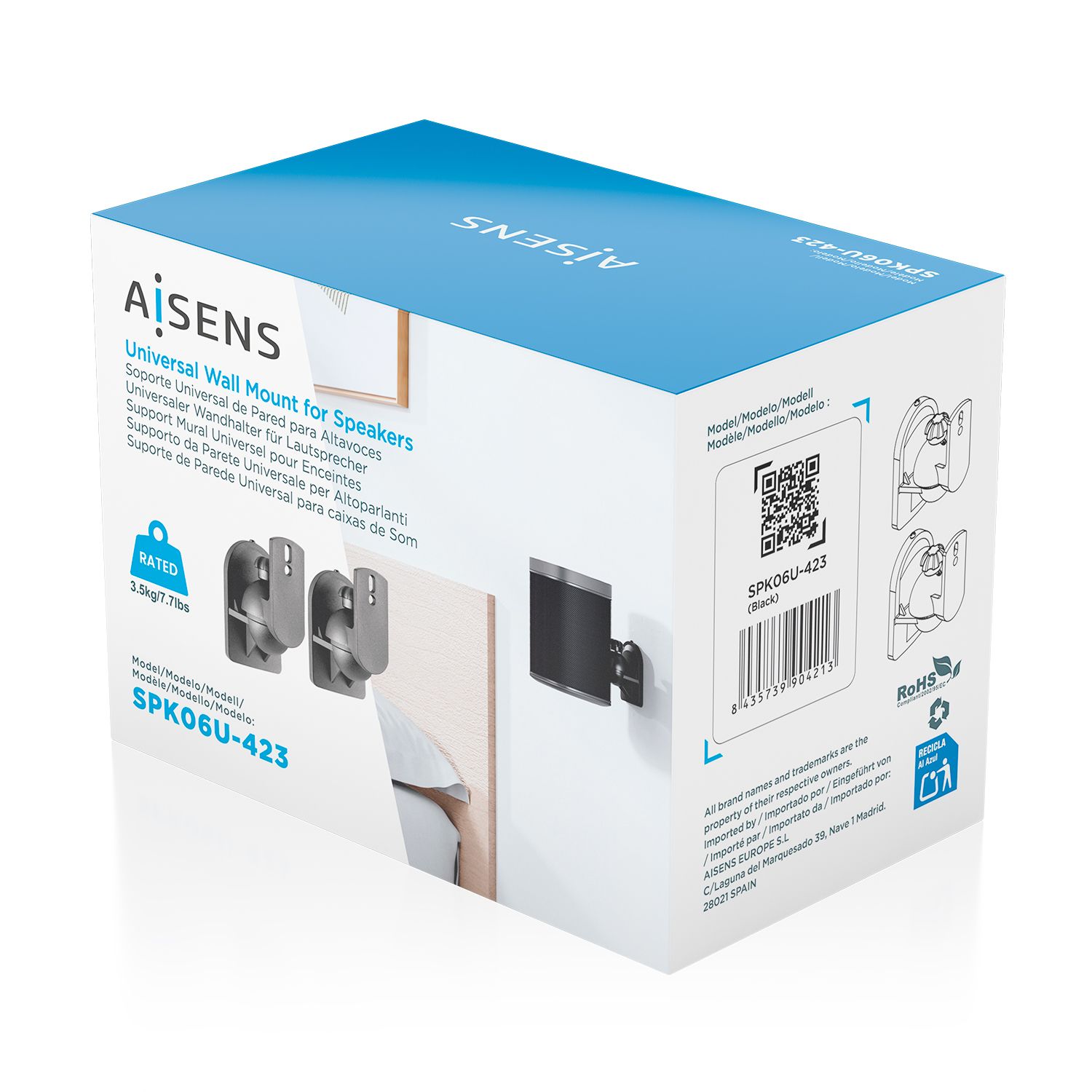 SPK06U-423 - Soporte de Pared AISENS para 2 Altavoces Gira/Inclina M�x. 3.5Kg Negro (SPK06U-423)