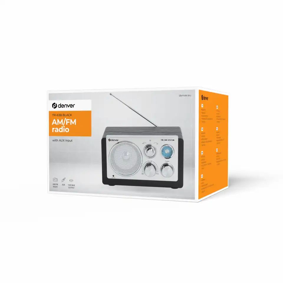TR-63B BLACK - Radio Denver anal�gica AM/FM con entrada AUX, 15W, fuente de alimentaci�n de 230 V incorporada o 4 pilas AA. (TR-63B)