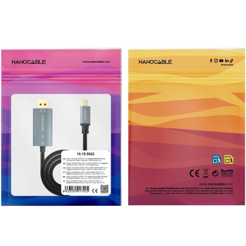 10.15.5022 - Conversor Nanocable USB-C/M a DP/M 8K 2m Negro (10.15.5022)