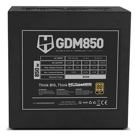 NXHUMMER850GDM - Fuente NOX ATX 850W 12cm Modular 20+4 pin ATX 6xSATA 80+ Gold Negra (NXHUMMER850GDM)