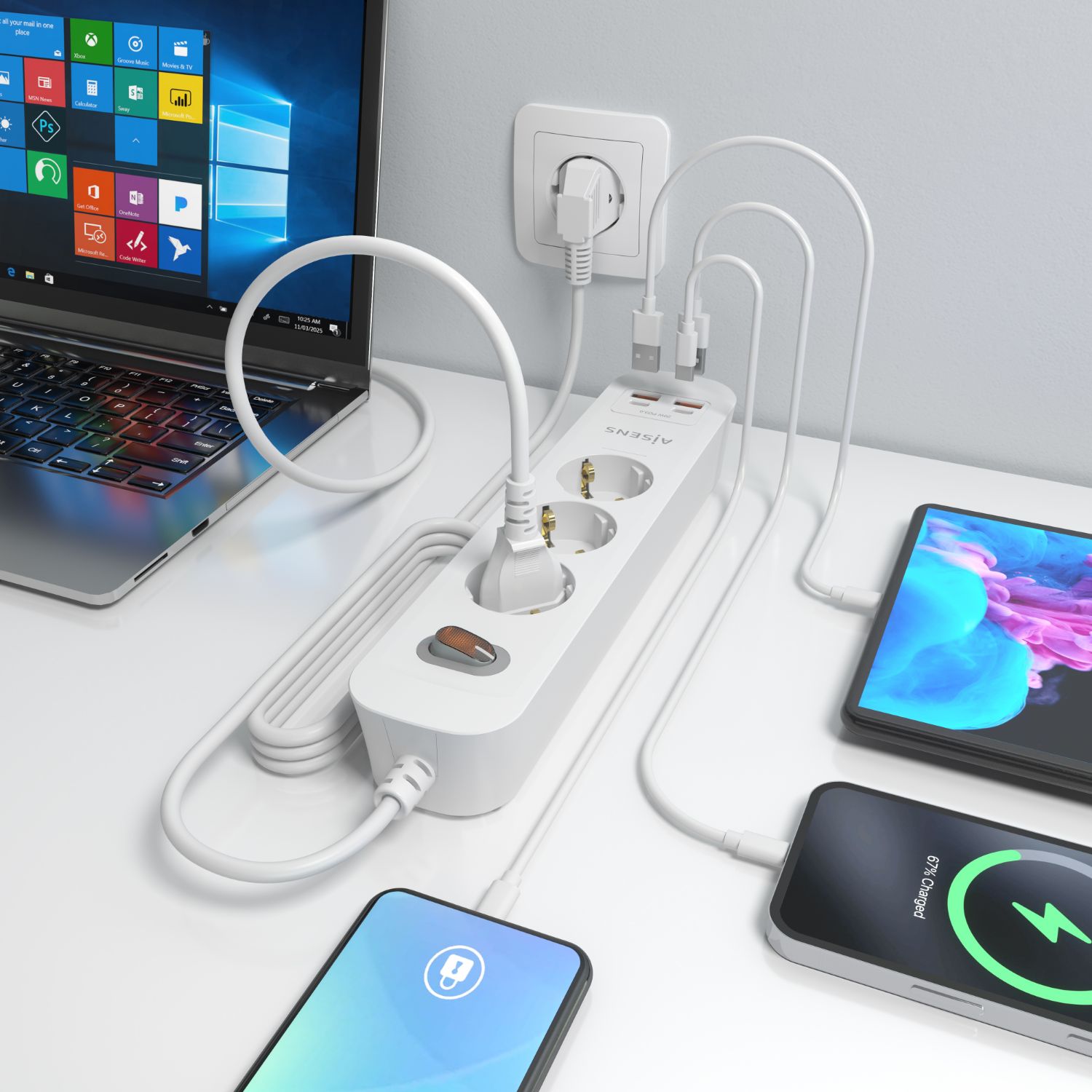 ASPS-2A2C10-W - Regleta AISENS 3 Tomas 2xUSB-C 2xUSB-A PD 3.0 QC 3.0 Cable 1.4m Blanca (ASPS-2A2C10-W)