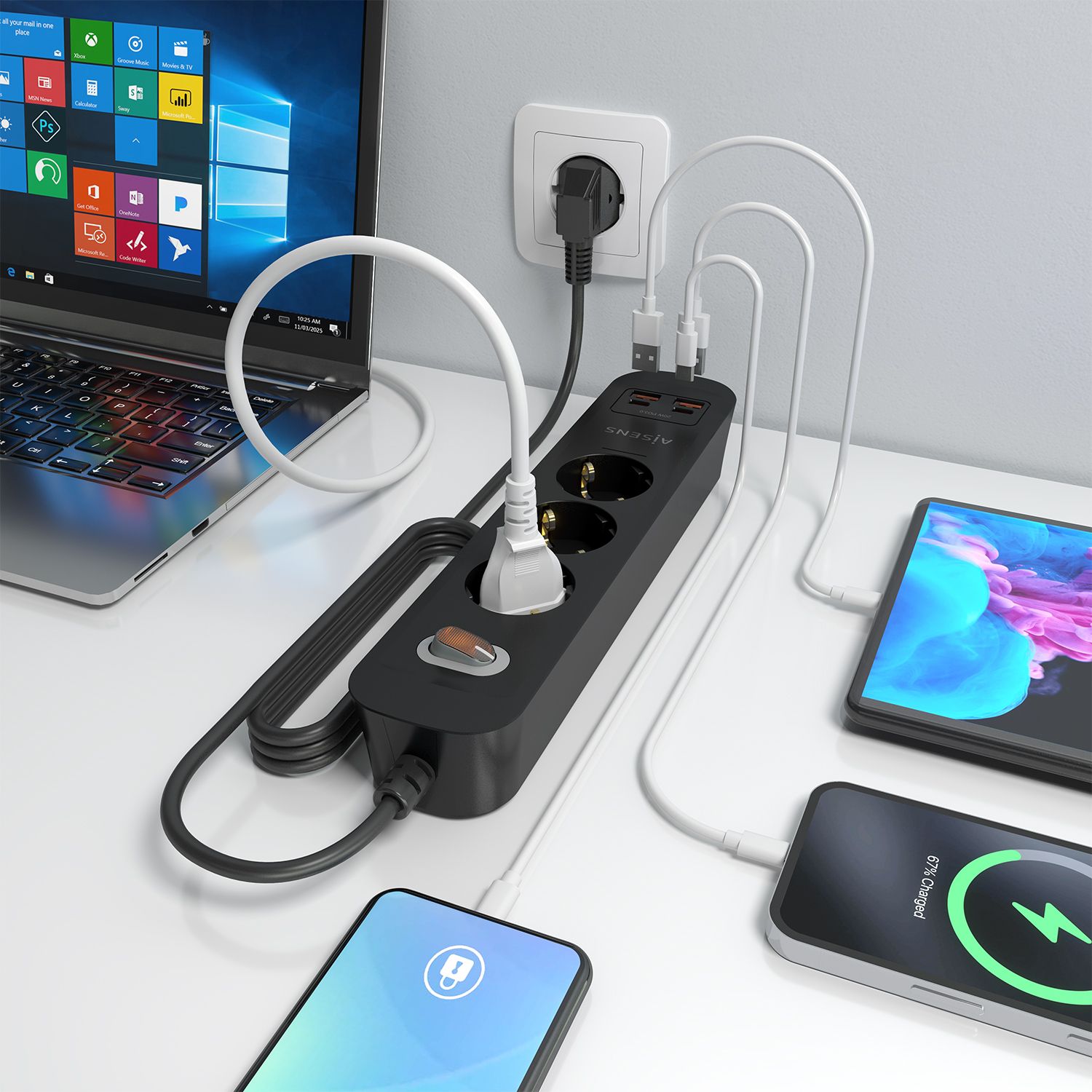 ASPS-2A2C11-BK - Regleta AISENS 3 Tomas 2xUSB-C 2xUSB-A PD 3.0 QC 3.0 Cable 1.4m Negra (ASPS-2A2C11-BK)