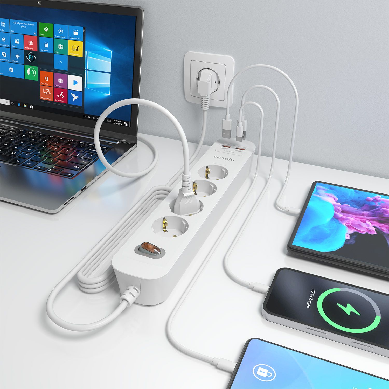 ASPS-2A2C12-W - Regleta AISENS 4 Tomas 2xUSB-C 2xUSB-A PD 3.0 QC 3.0 Cable 1.4m Blanca (ASPS-2A2C12-W)