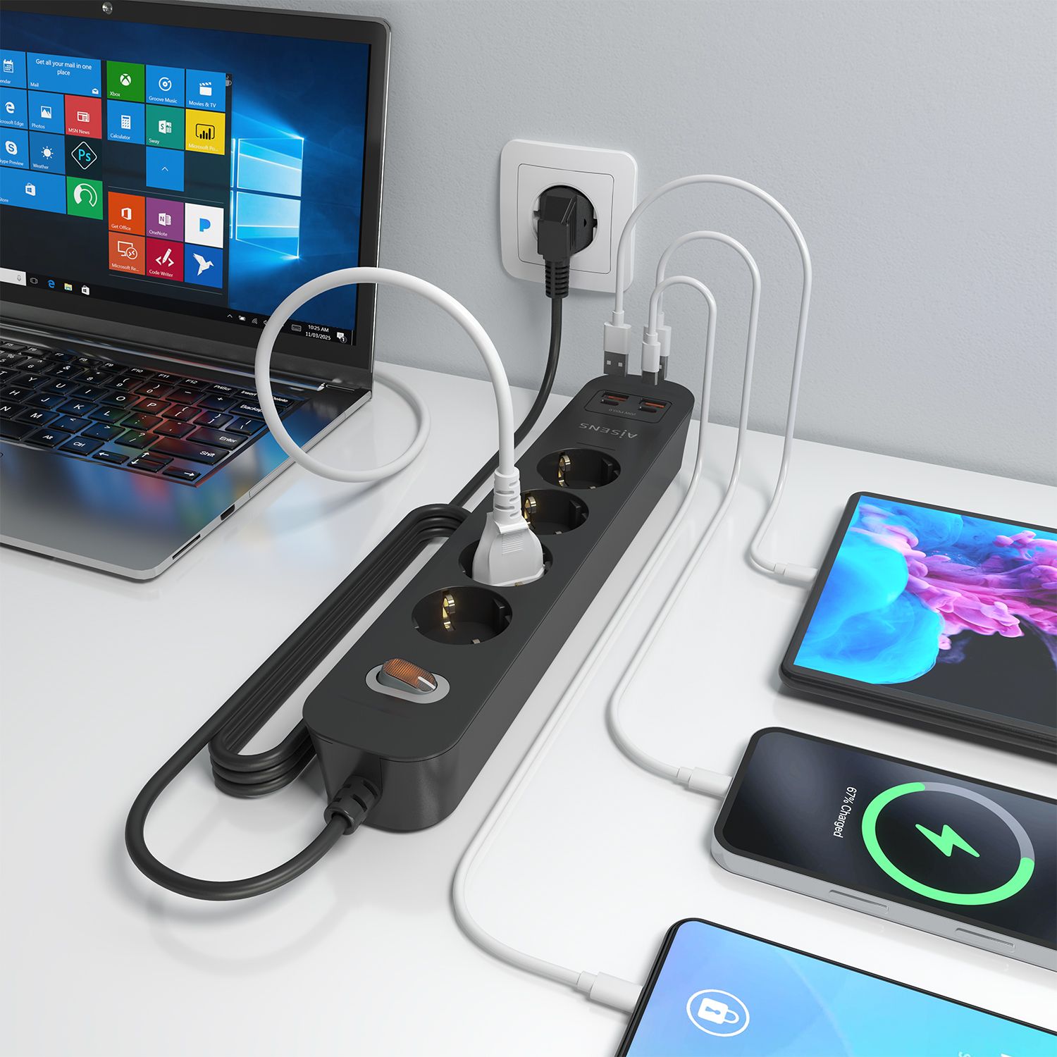 ASPS-2A2C13-BK - Regleta AISENS 4 Tomas 2xUSB-C 2xUSB-A PD 3.0 QC 3.0 Cable 1.4m Negra (ASPS-2A2C13-BK)