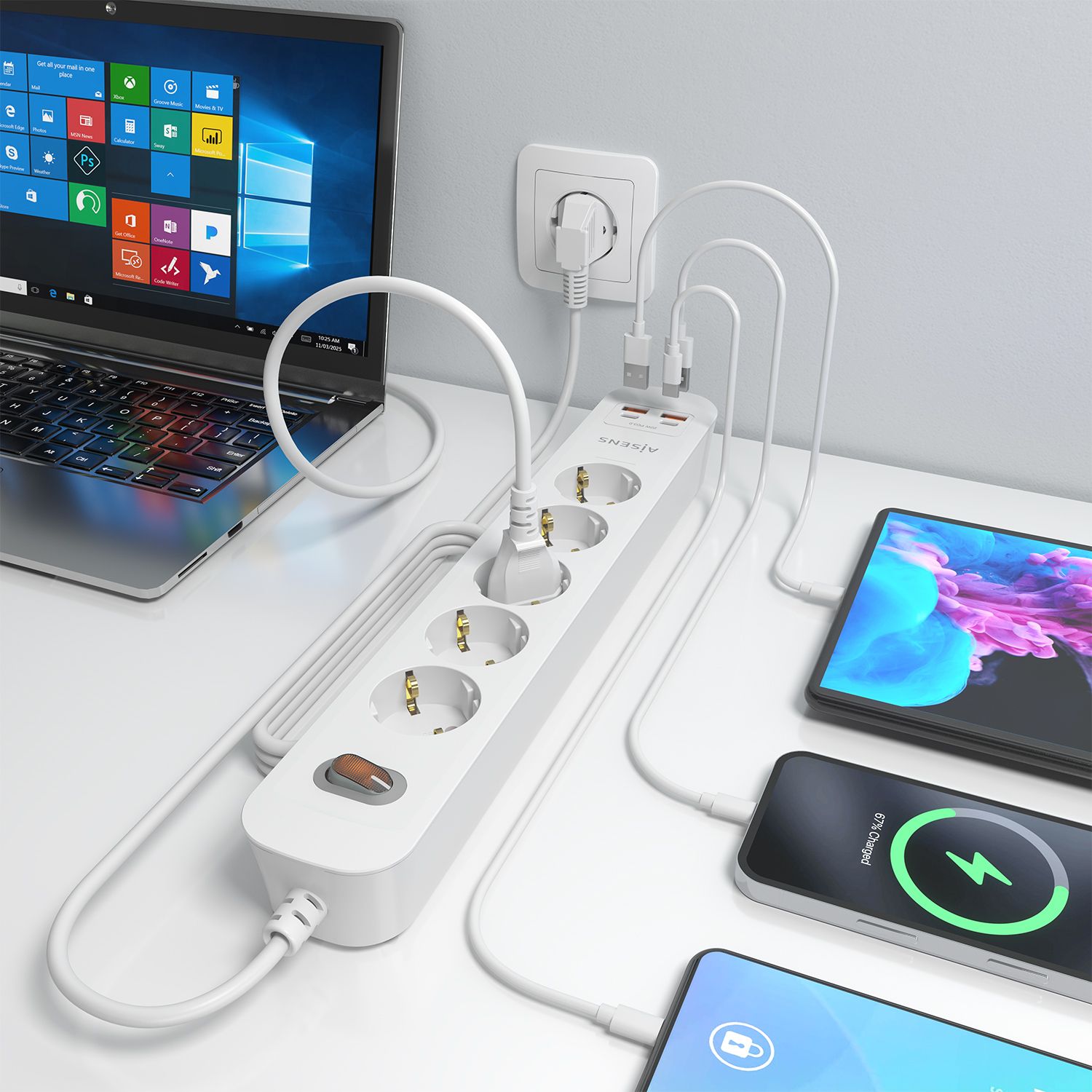 ASPS-2A2C14-W - Regleta AISENS 5 Tomas 2xUSB-C 2xUSB-A PD 3.0 QC 3.0 Cable 1.4m Blanca (ASPS-2A2C14-W)