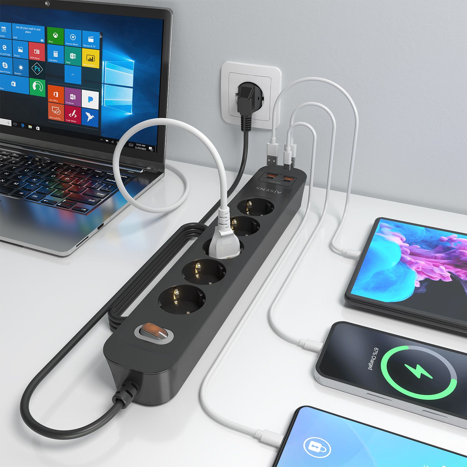 ASPS-2A2C15-BK - Regleta AISENS 5 Tomas 2xUSB-C 2xUSB-A PD 3.0 QC 3.0 Cable 1.4m Negra (ASPS-2A2C15-BK)