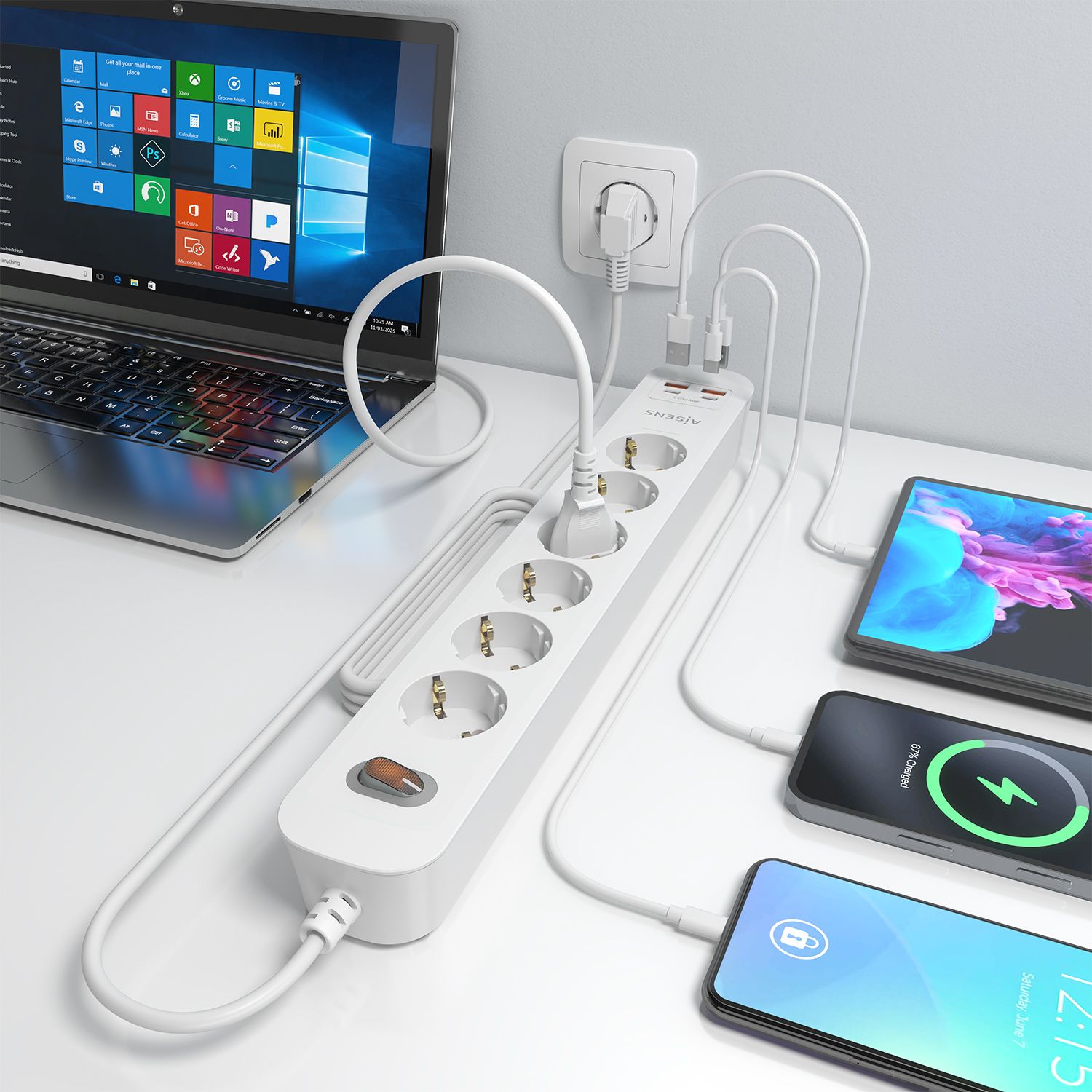 ASPS-2A2C16-W - Regleta AISENS 6 Tomas 2xUSB-C 2xUSB-A PD 3.0 QC 3.0 Cable 1.4m Blanca (ASPS-2A2C16-W)