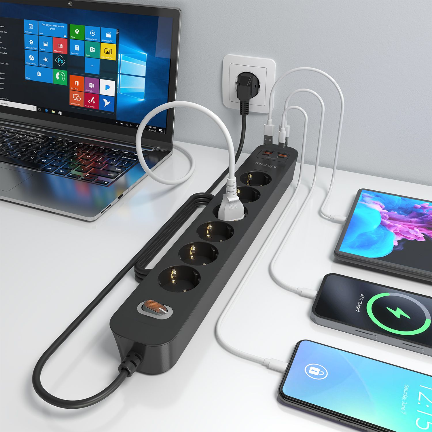 ASPS-2A2C17-BK - Regleta AISENS 6 Tomas 2xUSB-C 2xUSB-A PD 3.0 QC 3.0 Cable 1.4m Negra (ASPS-2A2C17-BK)