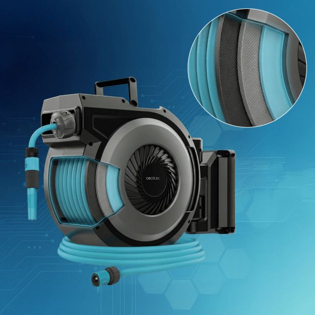 A01_EU01_114307 - Manguera Cecotec HydroShell 300 Pro, con carrete, 30m, Enrollador autom�tico con SlowReturn y Smooth Technology. Dise�o port�til y ergon�mico. Incluye pistola pulverizadora con tanque para jab�n y 8 funciones. (A01_EU01_114307)