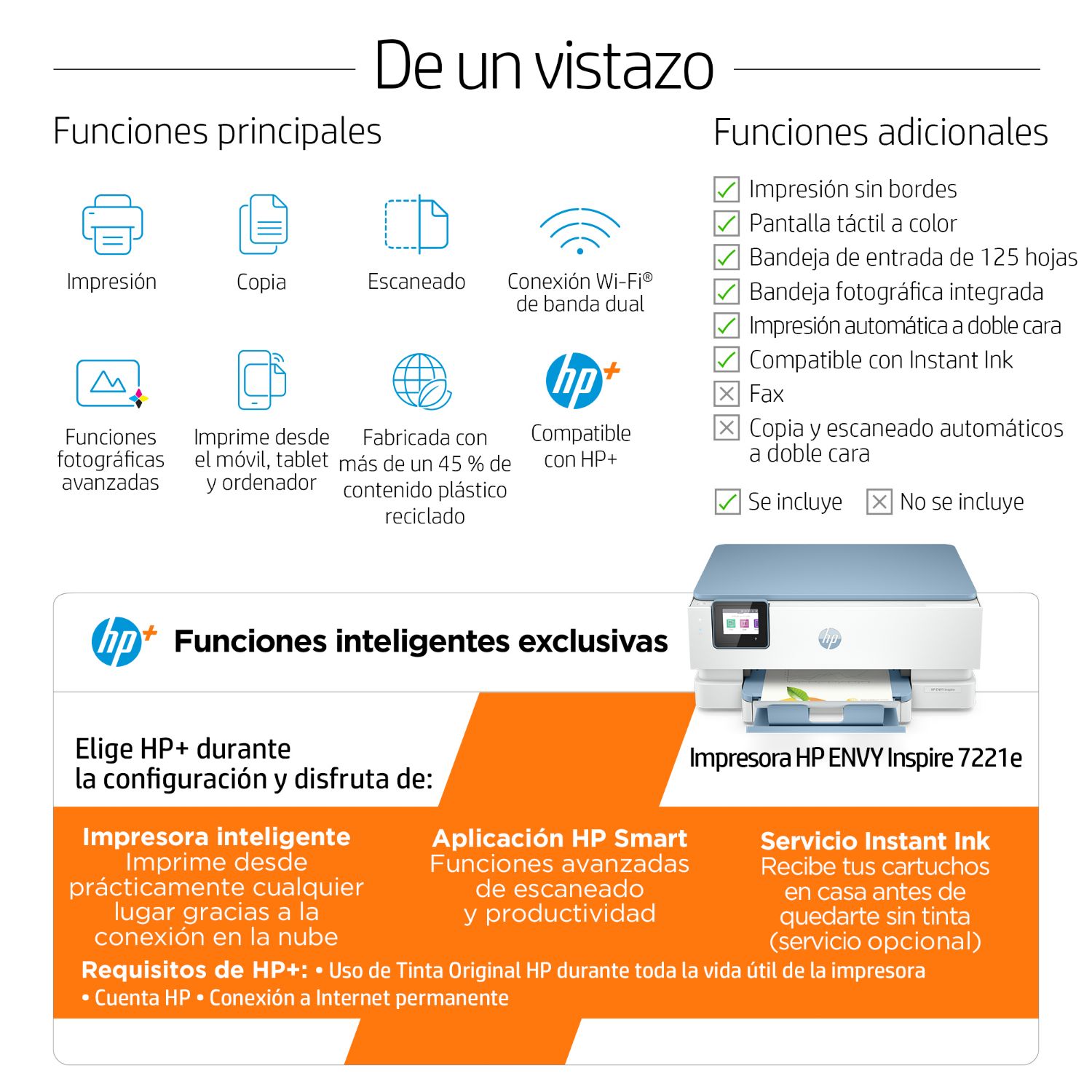 2H2N1B - Impresora Multifunci�n HP Envy Inspire 7221e Pantalla 2.7? Color 4800x1200dpi A4 Color 1xUSB 2.0 WiFi 5 D�plex Blanca (2H2N1B)