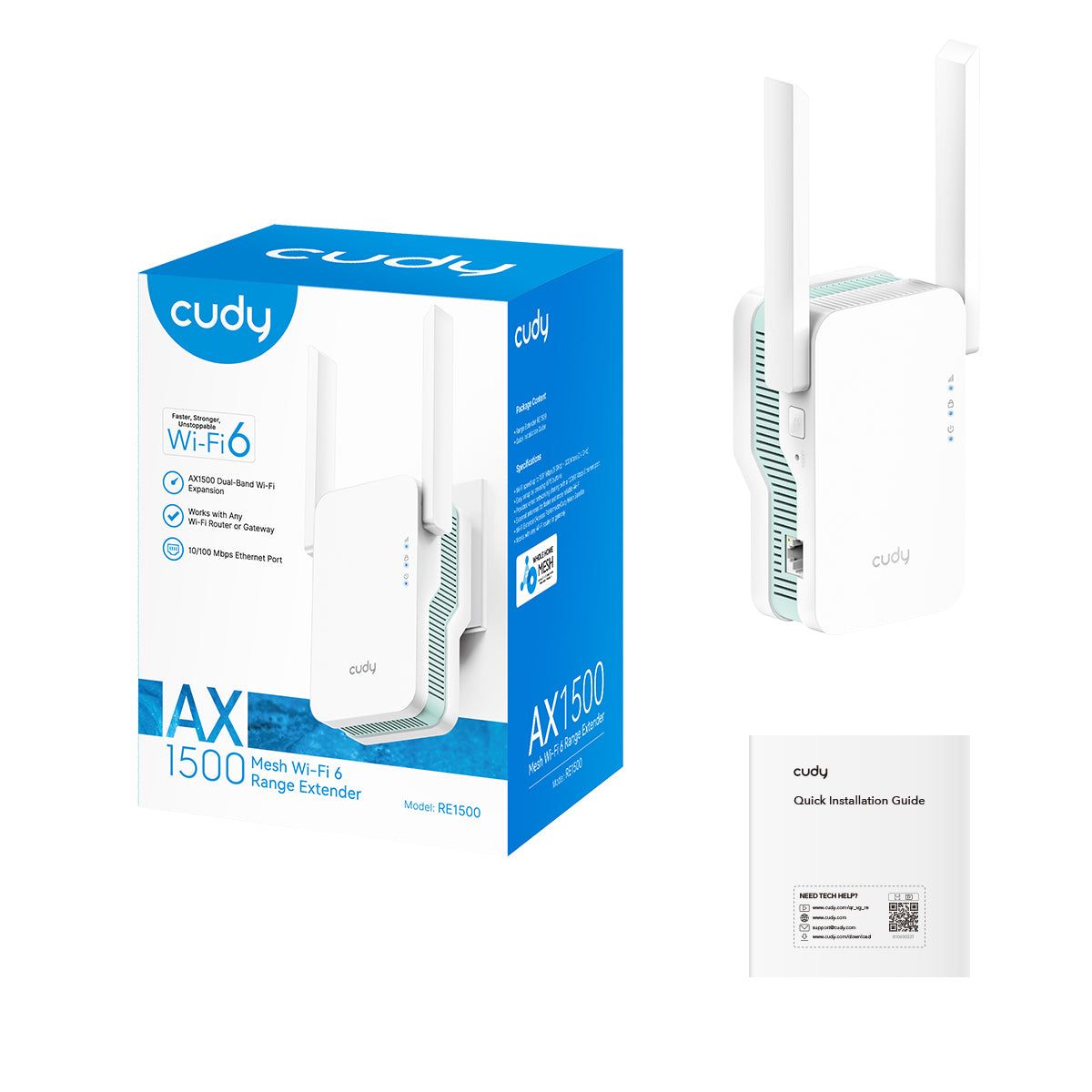 RE1500 - Extensor CUDY AX1500 WiFi 6 Dual Band Ethernet LAN GbE 2 Antenas Internas 5dBi Blanco (RE1500)