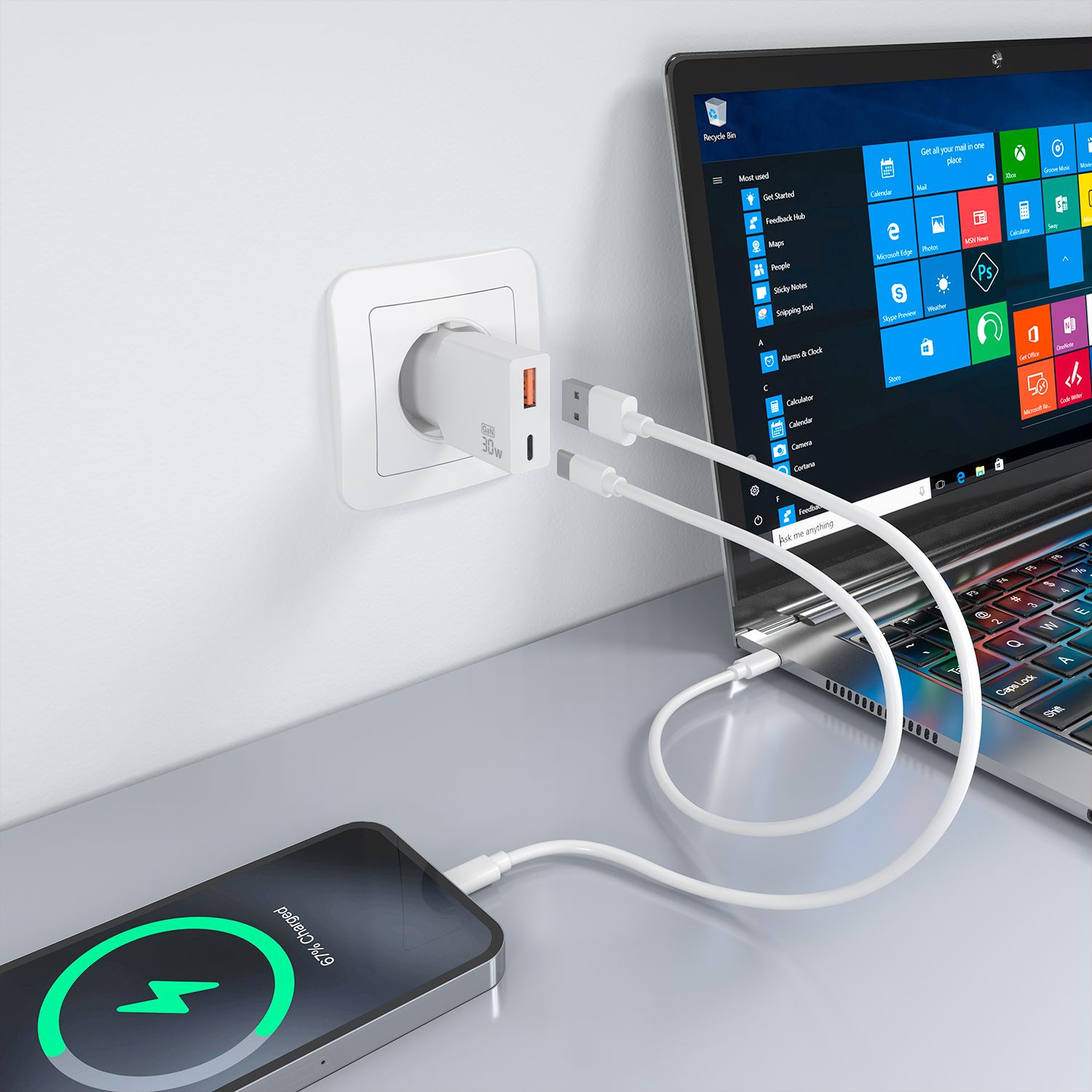 A110-1002 - Cargador de Pared AISENS Slim GaN 30W PD/QC 3.0 1xUSB-A 1xUSB-C Blanco (A110-1002)