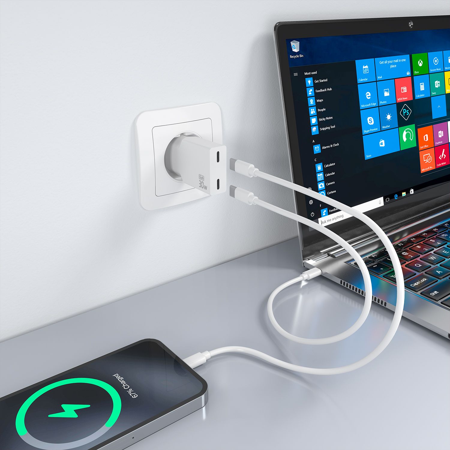 A110-1003 - Cargador de Pared AISENS Slim GaN 30W PD/QC 3.0 2xUSB-C Blanco (A110-1003)