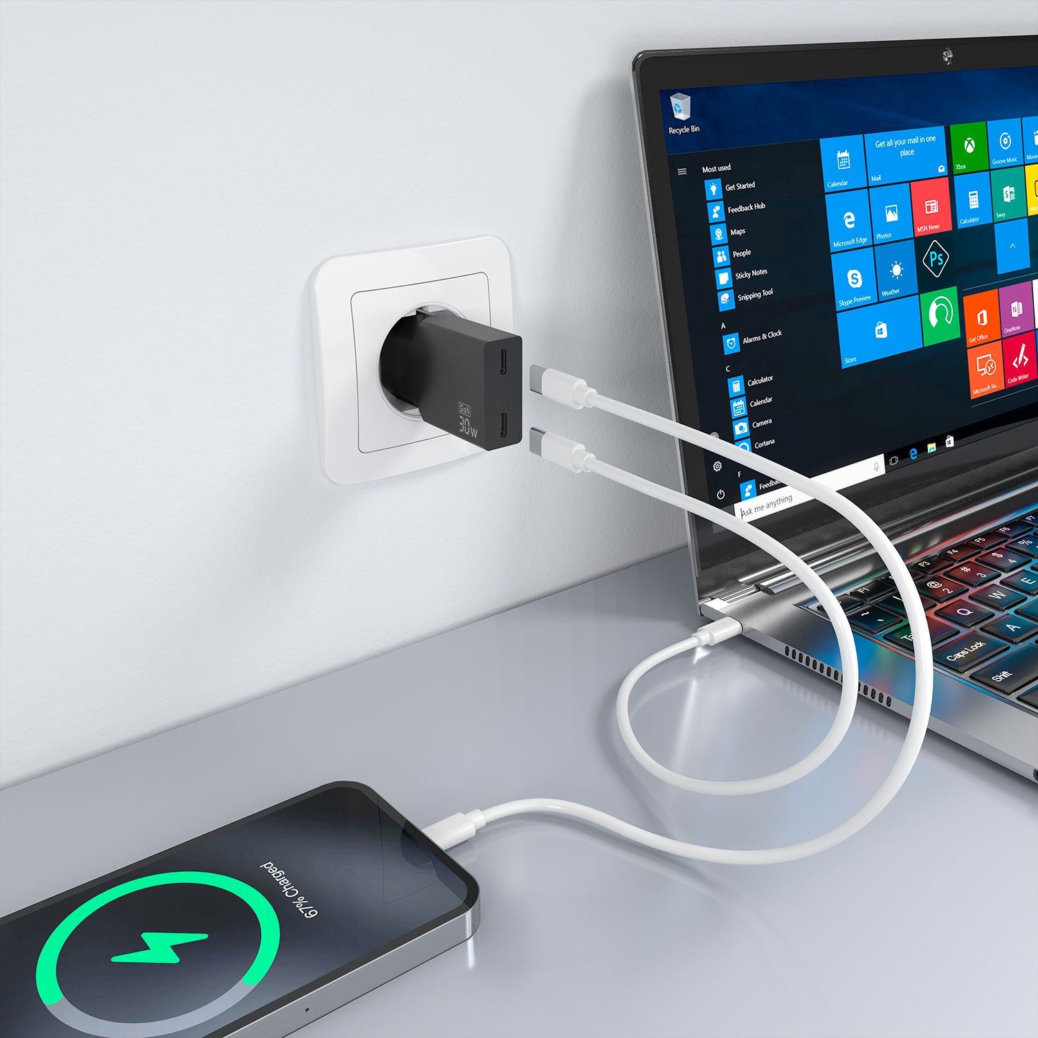 A110-1006 - Cargador de Pared AISENS Slim GaN 30W PD/QC 3.0 2xUSB-C Negro (A110-1006)