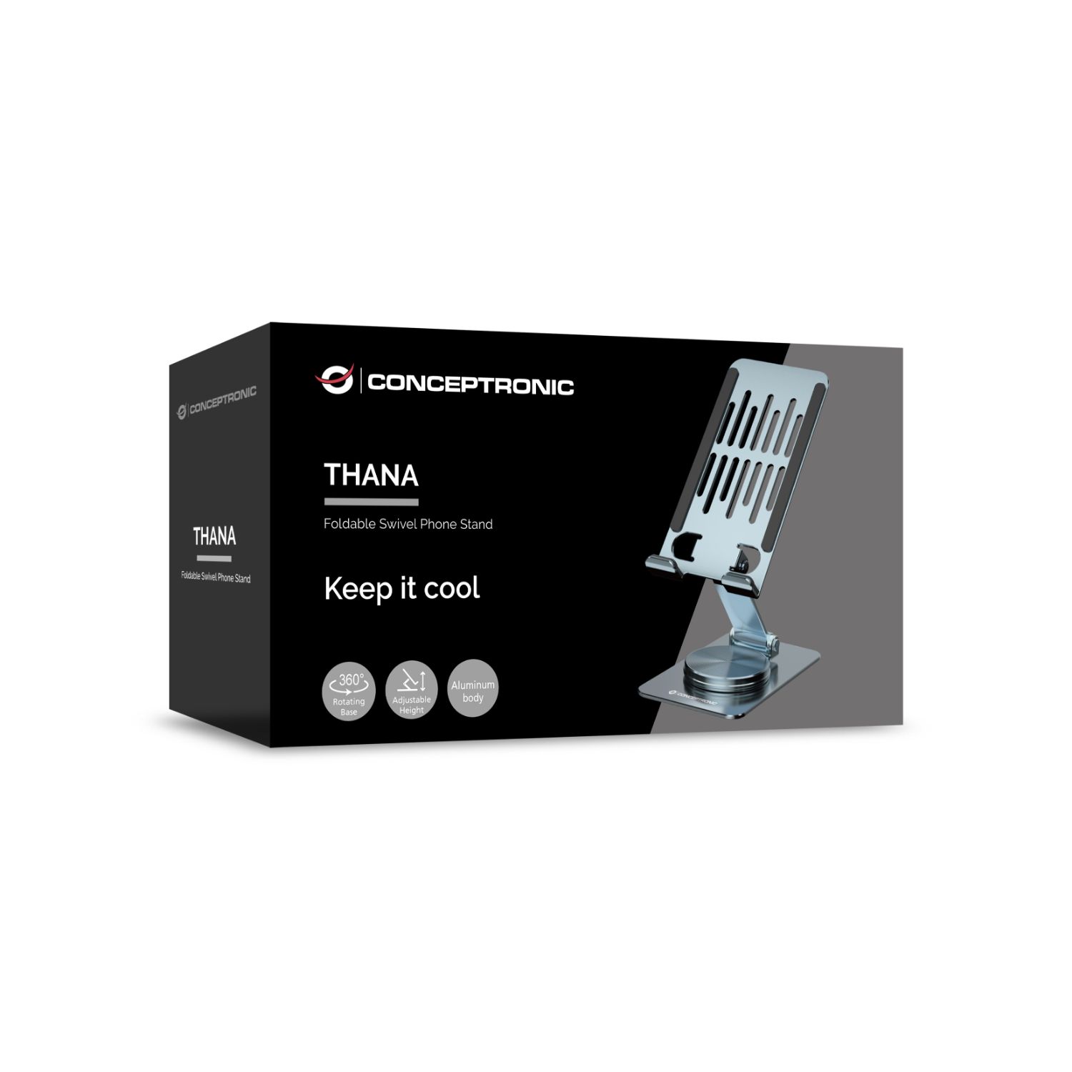 THANA08G - Soporte CONCEPTRONIC para Smartphone Giratorio Y Plegable, Base Rotacion 360� Altura Ajustable,Plata(THANA08G)