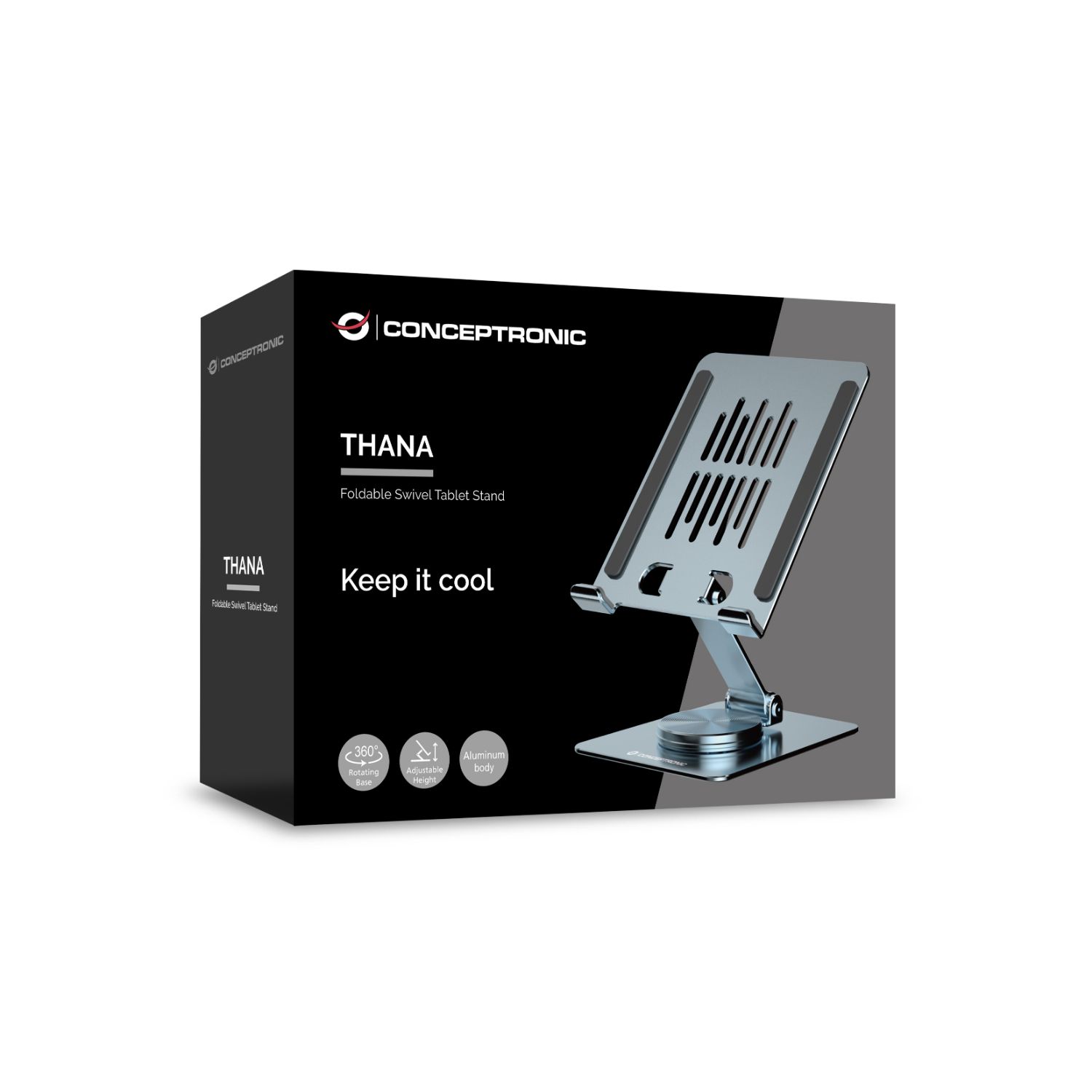 THANA09G - Soporte CONCEPTRONIC para Tablet Giratorio/Plegable Rotacion 360� Altura Ajustable M�x. 1.5Kg Plata (THANA09G)