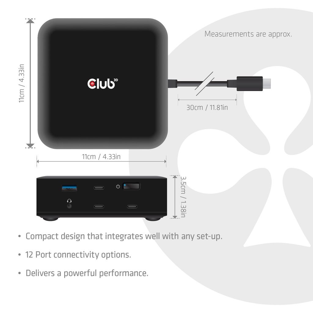 CSV-2542 - Estaci�n Base Club 3D 12 en 1 USB-C 3.1 a 3xUSB-A/2xUSB-C 2xDP/2xHDMI/1xRJ45/1x3.5mm Eternet LAN 2.5 GbE Negro (CSV-2542)