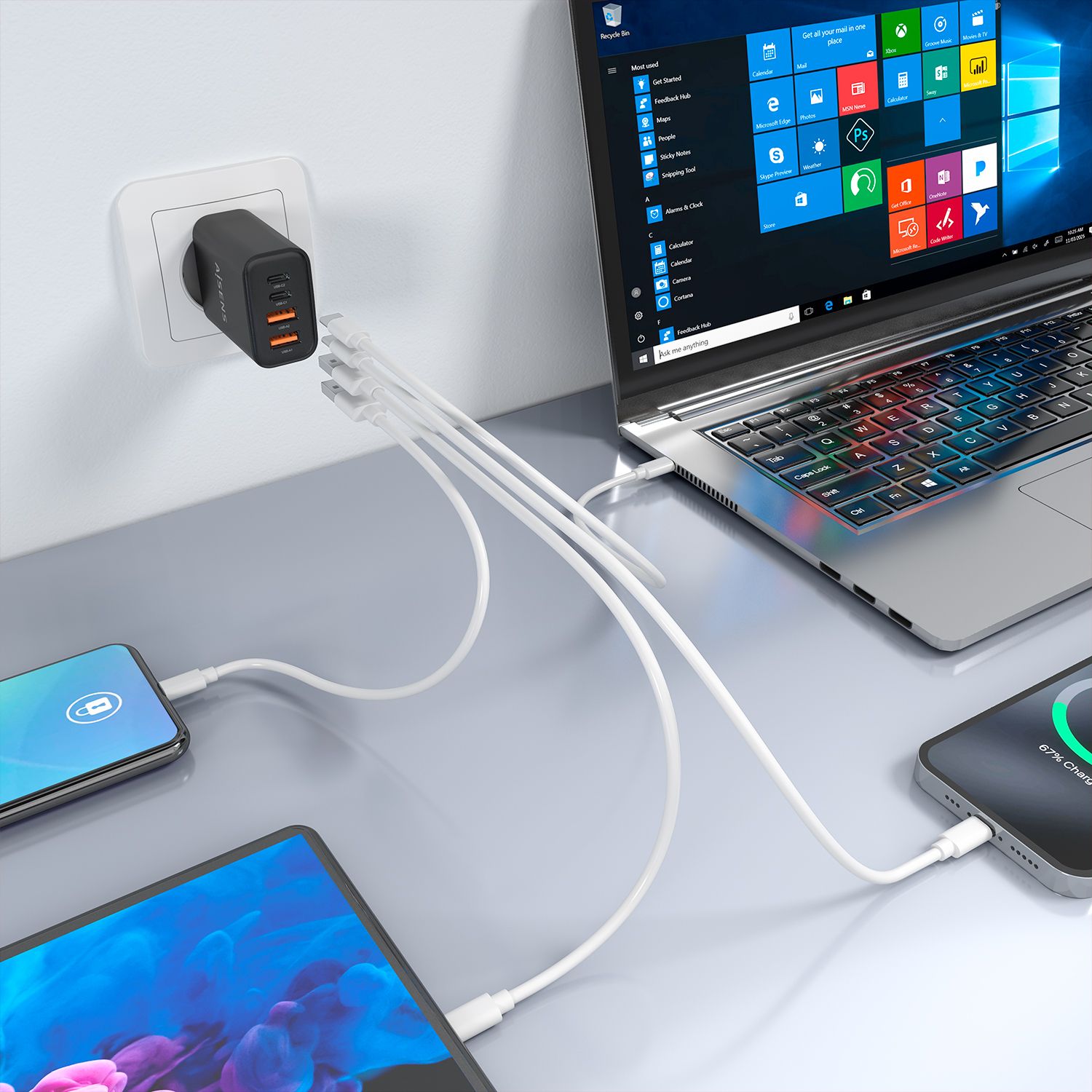 A110-1028 - Cargador de Pared AISENS GaN 32W PD 3.0 QC 3.0 2xUSB-A 2xUSB-C Negro (A110-1028)