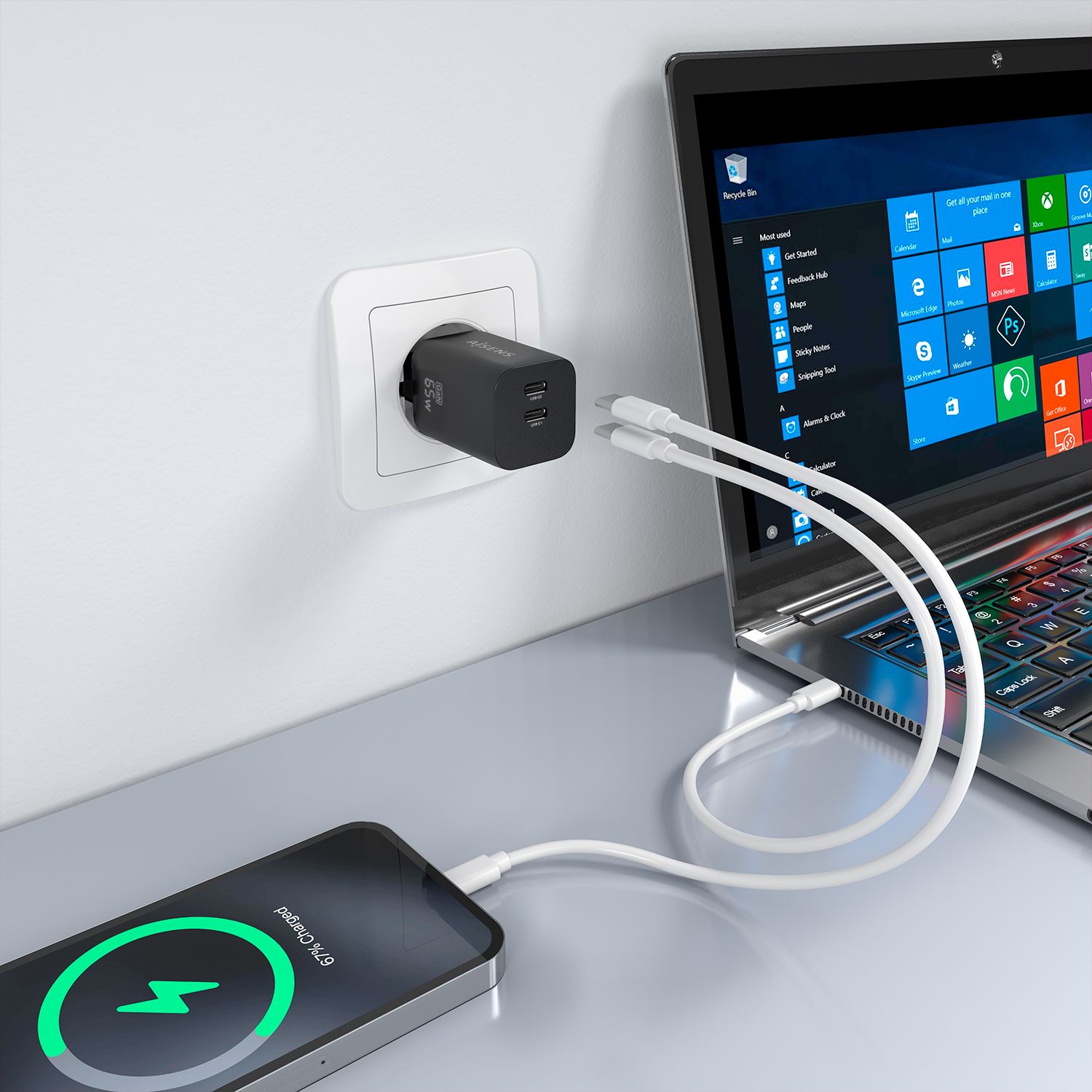 A110-1030 - Cargador de Pared AISENS GaN 65W PD 3.0 QC 3.0 2xUSB-C Negro (A110-1030)