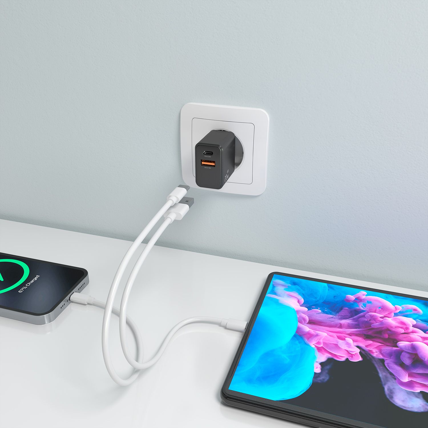 A110-1026 - Cargador de Pared AISENS GaN 20W PD 3.0 QC 3.0 1xUSB-A 1xUSB-C Negro (A110-1026)