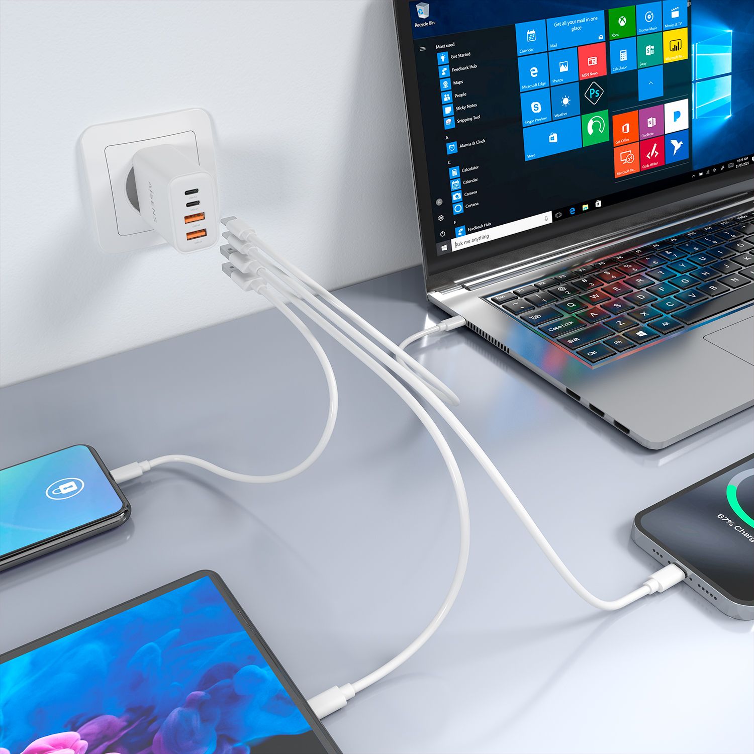 A110-1027 - Cargador de Pared AISENS GaN 32W PD 3.0 QC 3.0 2xUSB-A 2xUSB-C Blanco (A110-1027)