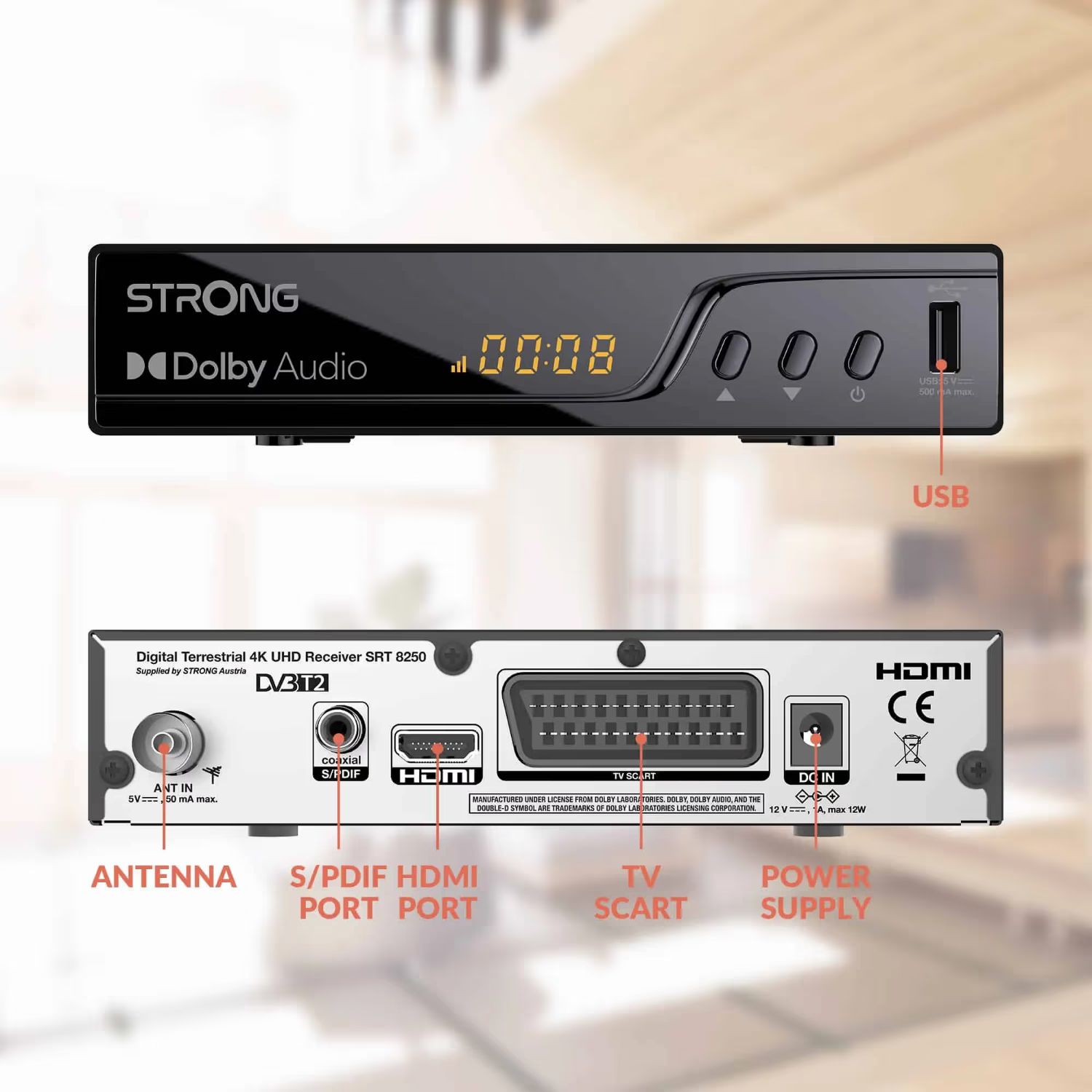 SRT8250 - Receptor TDT STRONG DVB-T2 4K UHD Pantalla Incorporada 1xUSB 2.0 1xHDMI 2.0 Mando a Distancia Negro (SRT8250)