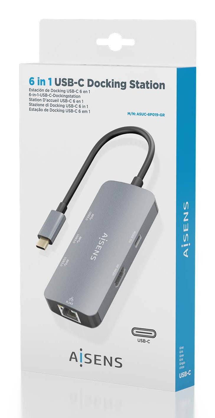 ASUC-6P019-GR - Docking Station AISENS USB-C a 1xHDMI/3xUSB-A/1xUSB-C PD 100W/RJ45 Gris (ASUC-6P019-GR)