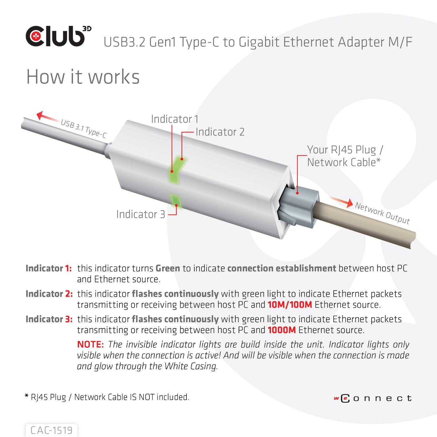 CAC-1519 - Adaptador Club 3D USB-C/M a RJ45/H Ethernet GbE Blanco (CAC-1519)