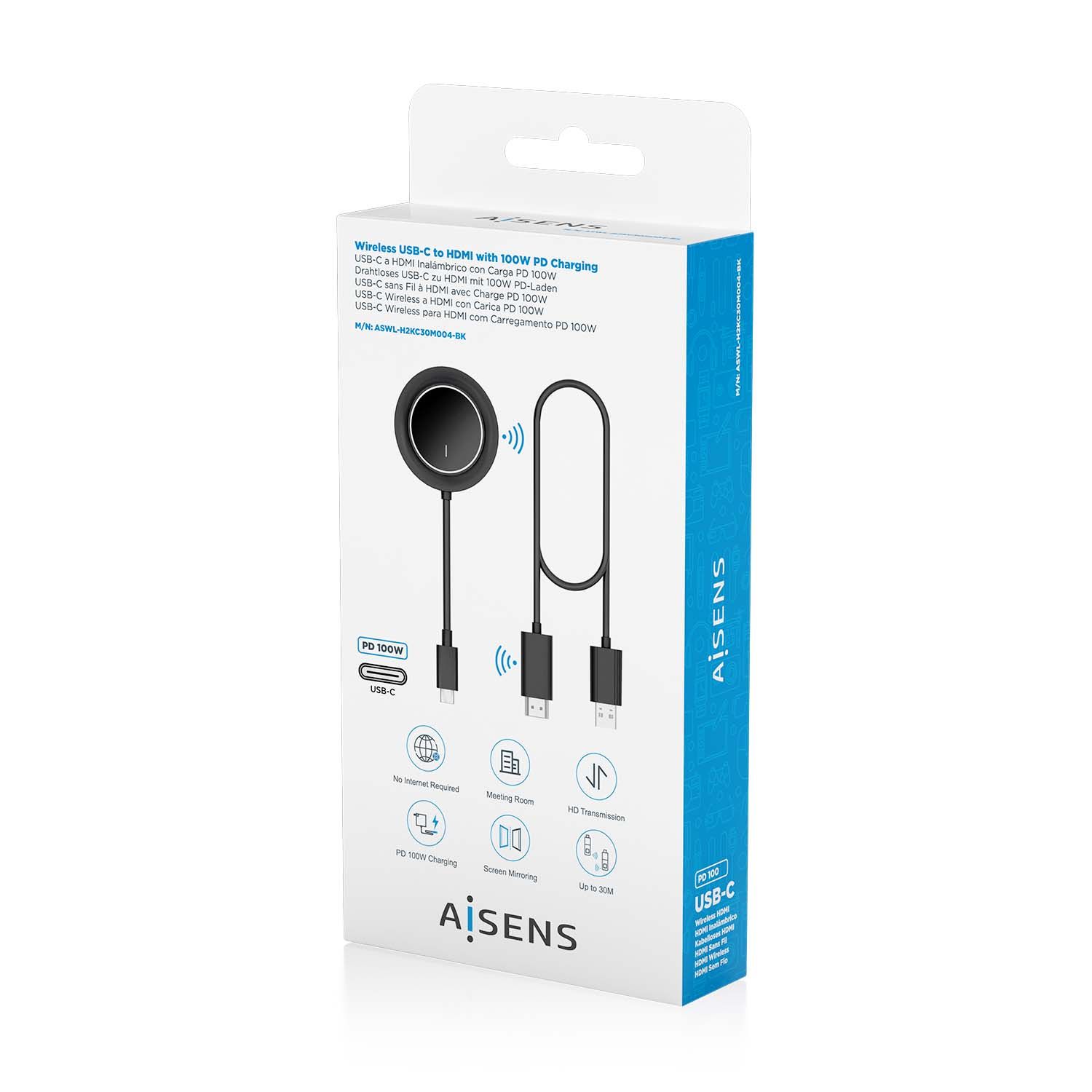 ASWL-H2KC30M004-BK - Adaptador/Transmisor de Vdeo Inalmbrico AISENS USB-C a HDMI PD 100W Negro (ASWL-H2KC30M004-BK)