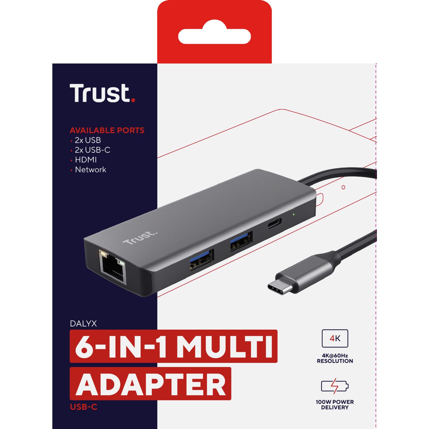 24968 - Adaptador Trust DALYX 6en1 USB-C a 2xUSB 2.0/2xUSB-C/1xHDMI/1xRJ45 Ethernet GbE Plata (24968)