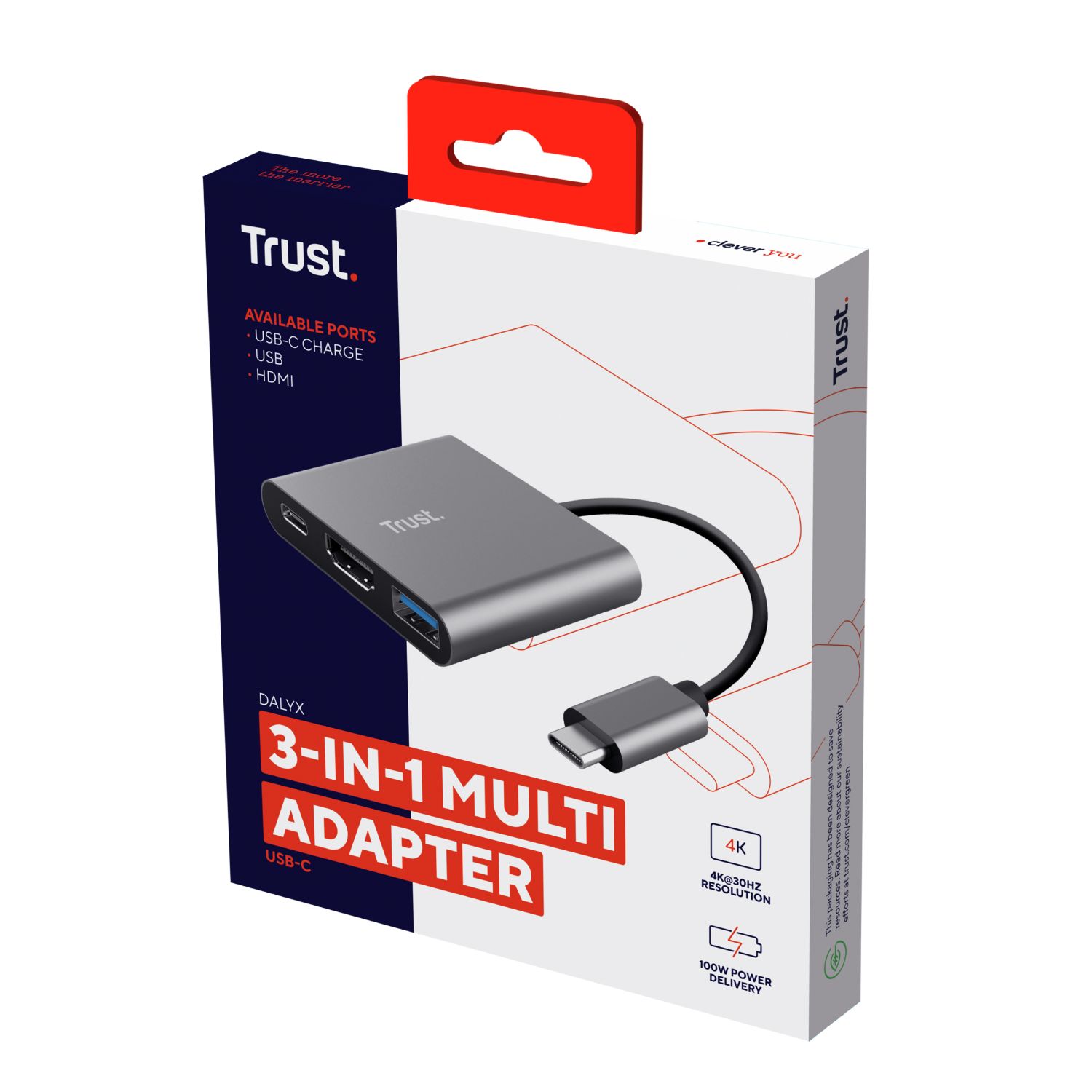 23772 - Adaptador Trust Dalyx 3en1 USB-C a USB-A 3.0/1xUSB-C 3.0/1xHDMI 1.4 Auminio/Negro (23772)