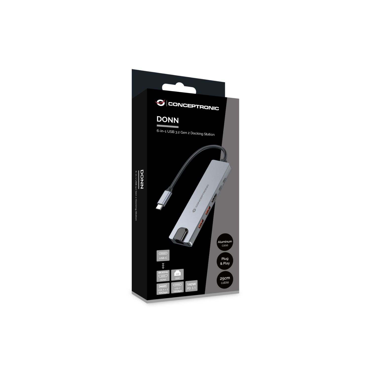 DONN29G - Docking Station CONCEPTRONIC 6en1 USB-C a USB-A 3.1/USB-C 3.1/USB PD 140W/HDMI 2.0 Gris (DONN29G)